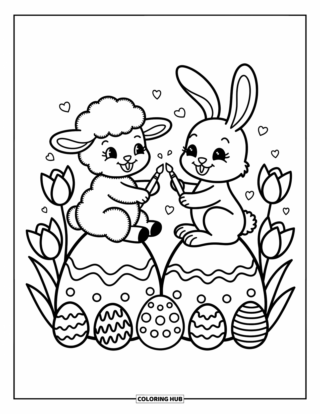 Kolorowanka wielkanocna dla dorosłych: Przytulny baranek i króliczek razem dekorują jajko wielkanocne, otoczeni tulipanami i figlarnymi plamami farby