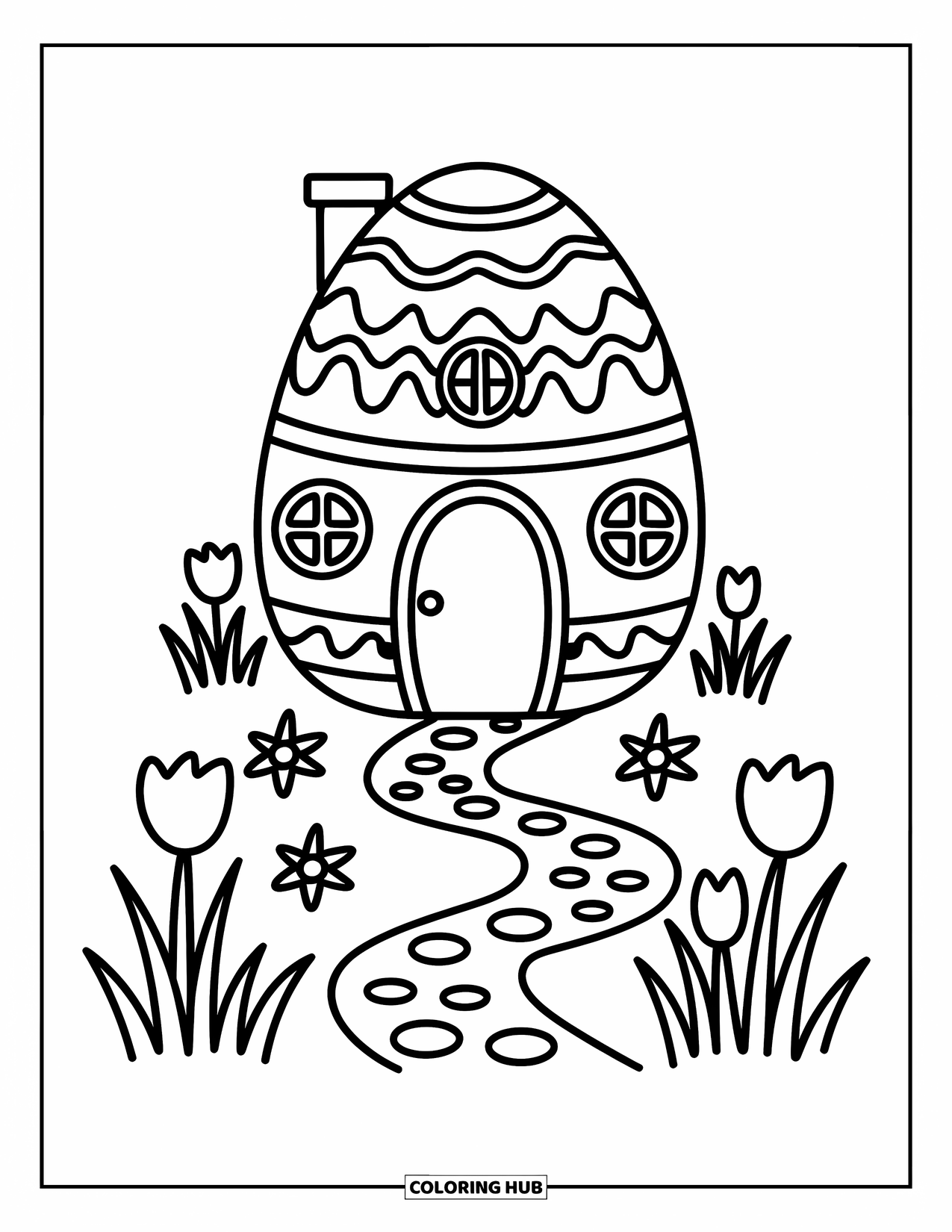 Kolorowanka wielkanocna dla dorosłych: Ozdobione jajko wielkanocne przekształcone w przytulny mały domek, z okrągłymi drzwiami i kominem