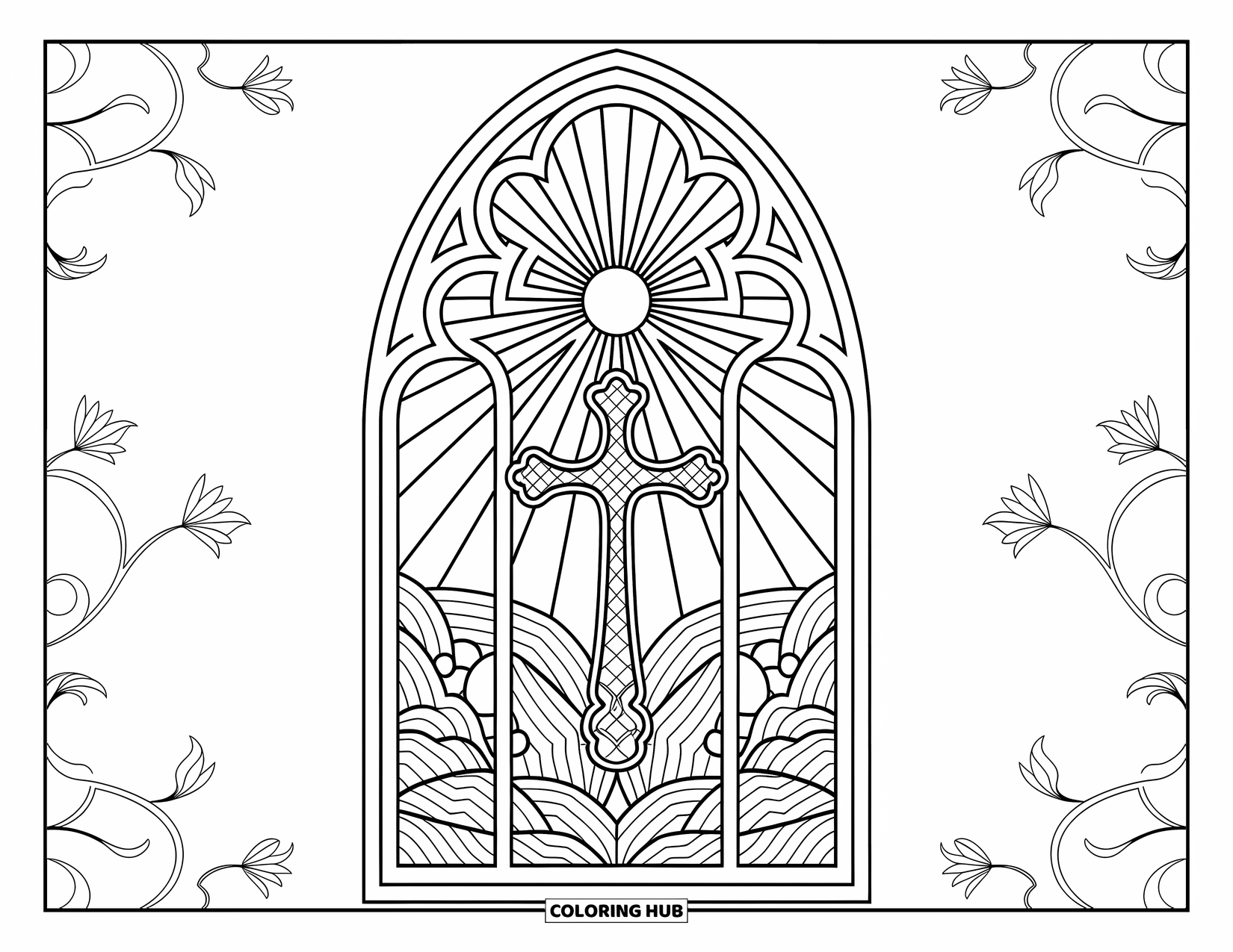 Kolorowanka Wielkanocna dla dorosłych: Dekoracyjne okno kościelne z wielkanocnym wschodem słońca i skomplikowanymi wzorami otaczającymi świecący krzyż