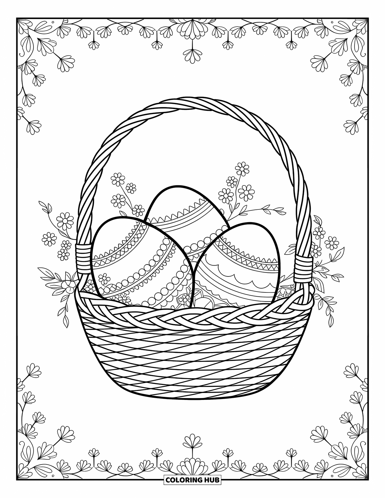 Kolorowanka Wielkanocna dla dorosłych: Dekoracyjny koszyk wielkanocny wypełniony po brzegi misternie zaprojektowanymi jajkami, otoczony eleganckimi detalami kwiatowymi