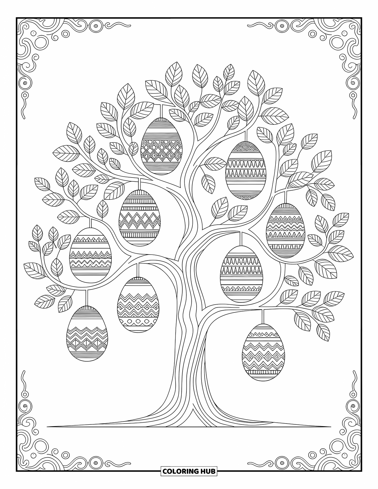 Kolorowanka Wielkanocna dla dorosłych: Dekoracyjne drzewo z wirującymi gałęziami trzymającymi misternie wzorzyste jajka wielkanocne w oszałamiającej aranżacji