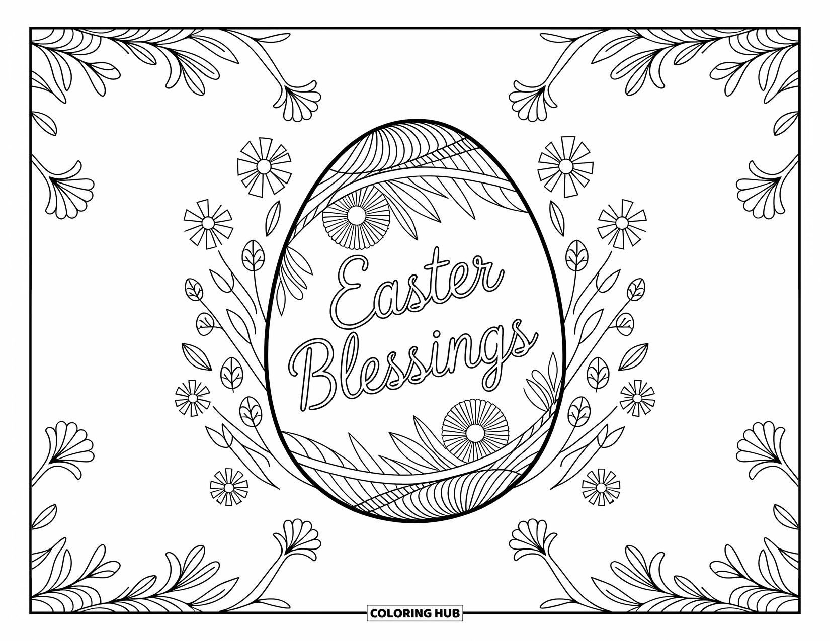 Kolorowanka Wielkanocna dla dorosłych: Szczegółowe jajko wielkanocne z napisem "Błogosławieństwa Wielkanocne", otoczone skomplikowanymi wzorami kwiatowymi i geometrycznymi