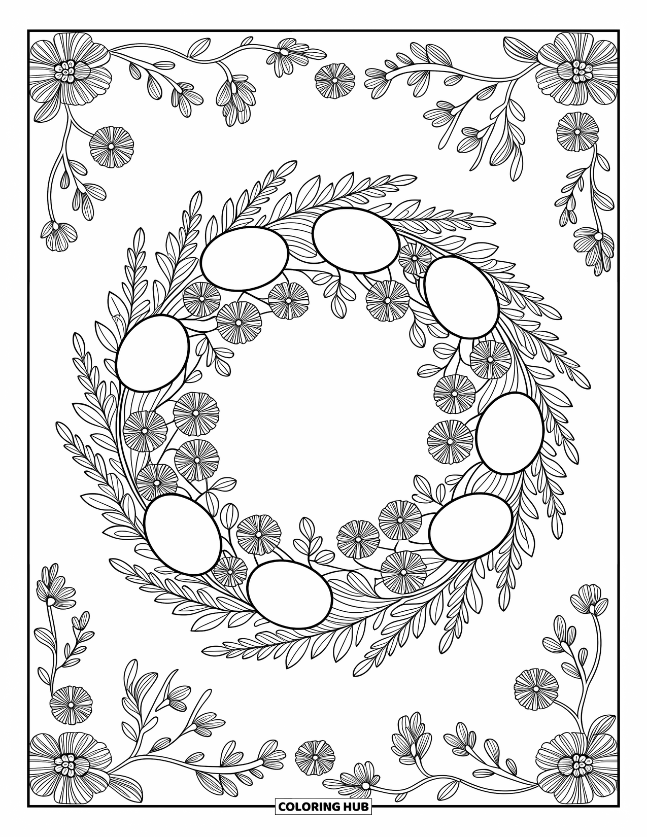 Kolorowanka wielkanocna dla dorosłych: Kwiatowy wieniec wielkanocny z tkanymi pnączami, szczegółowymi jajkami i delikatnymi kwitnącymi kwiatami