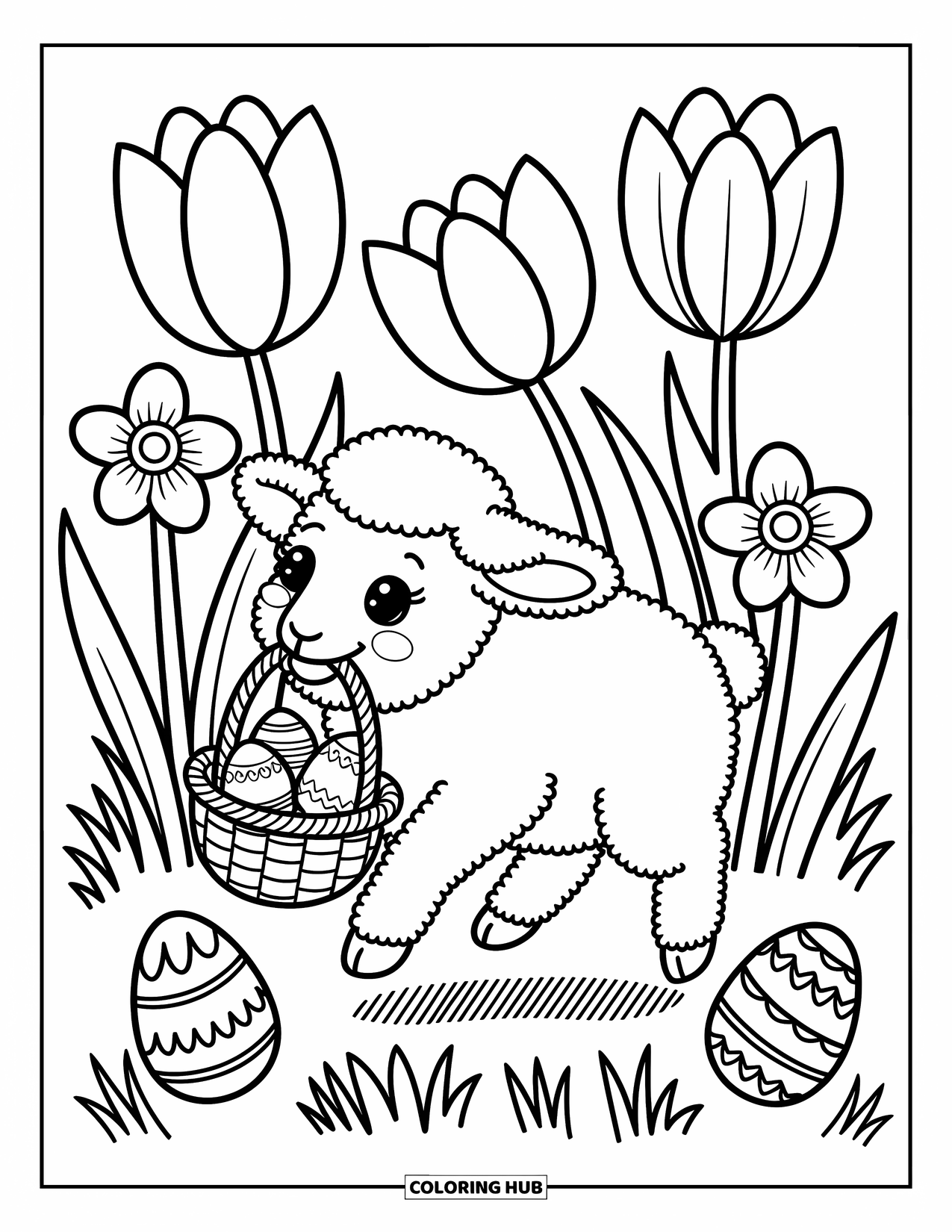 Kolorowanka wielkanocna dla dorosłych: Puszysty baranek skacze przez pole tulipanów, niosąc maleńki koszyk wielkanocny wypełniony wzorzystymi jajkami