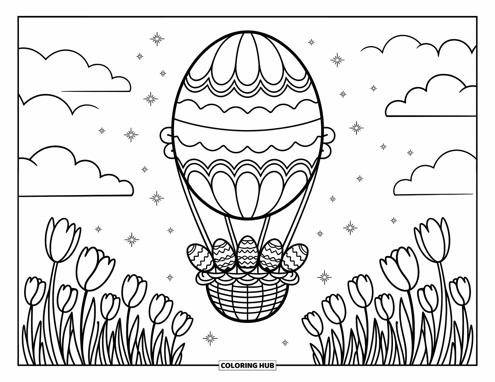 Kolorowanka wielkanocna dla dorosłych: Gigantyczny balon na ogrzane powietrze w kształcie jajka wielkanocnego unosi się nad ogrodem, niosąc kosz pełen wzorzystych jajek