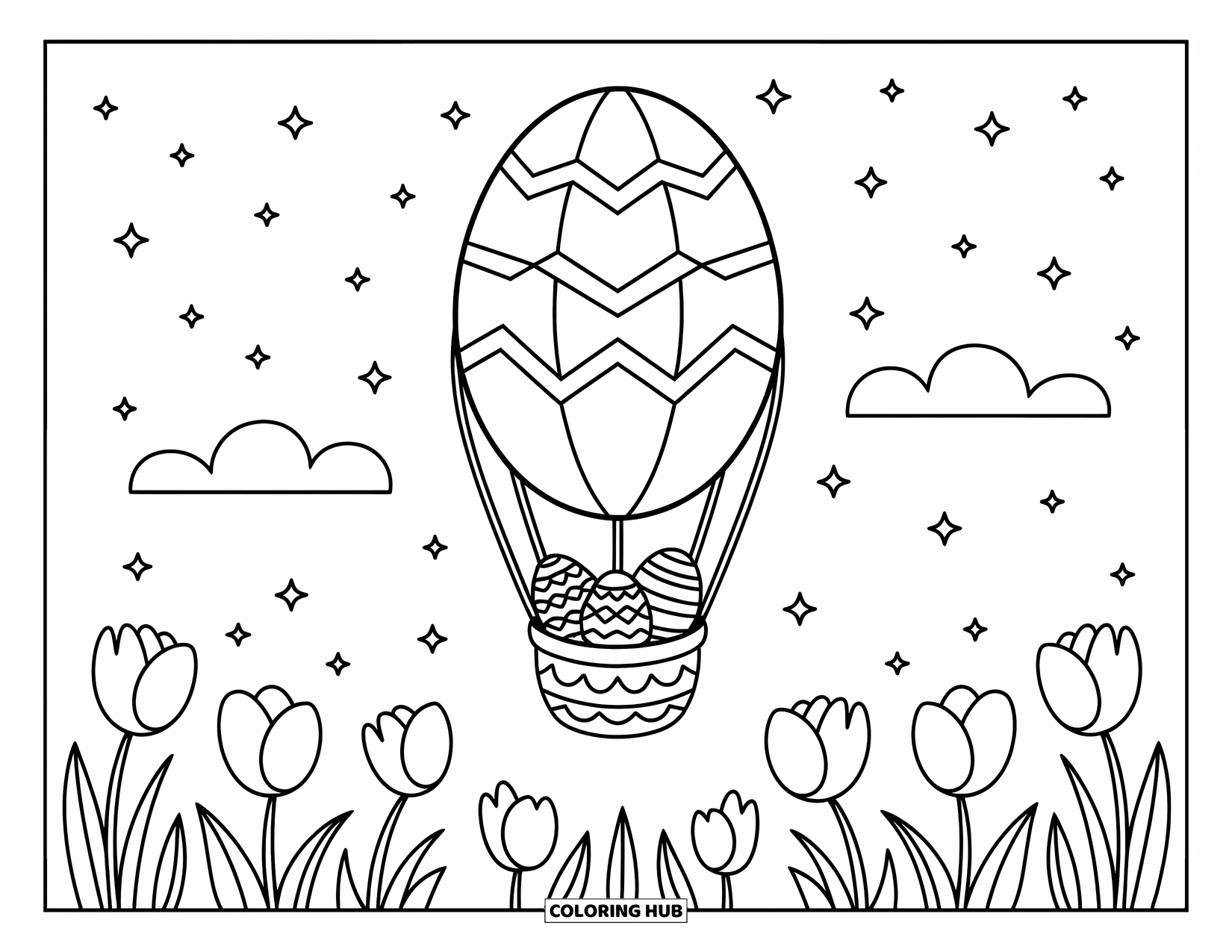 Kolorowanka wielkanocna dla dorosłych: Gigantyczny balon na ogrzane powietrze w kształcie jajka wielkanocnego unosi się na marzycielskim niebie, niosąc kosz pełen jajek