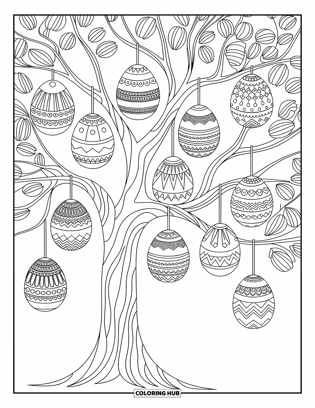 Kolorowanka wielkanocna dla dorosłych: Wielkie drzewo z delikatnymi jajkami wielkanocnymi wiszącymi na gałęziach, wypełnione misternymi wzorami