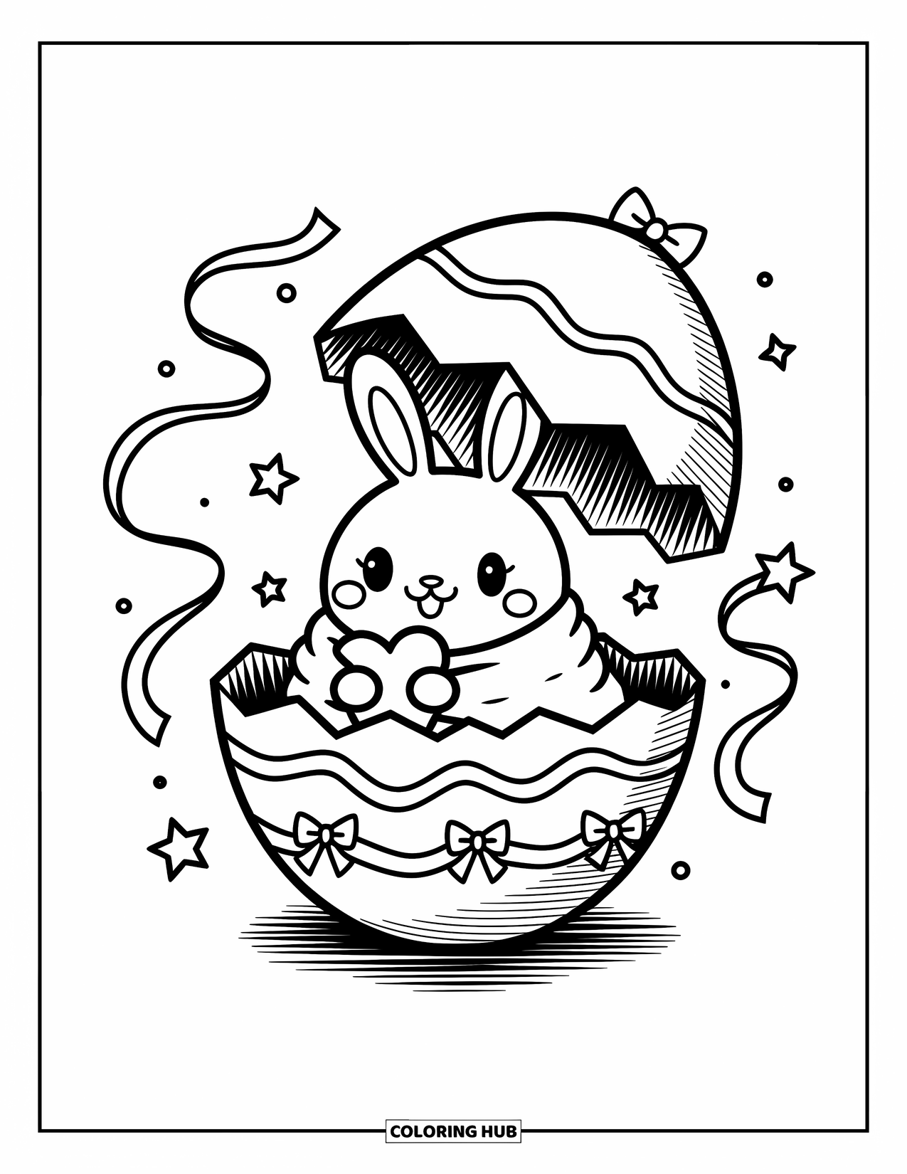 Kolorowanka wielkanocna dla dorosłych: Króliczek kawaii wtula się w pęknięte jajko wielkanocne, owinięty kocem i trzymający maleńką poduszkę w kształcie serca