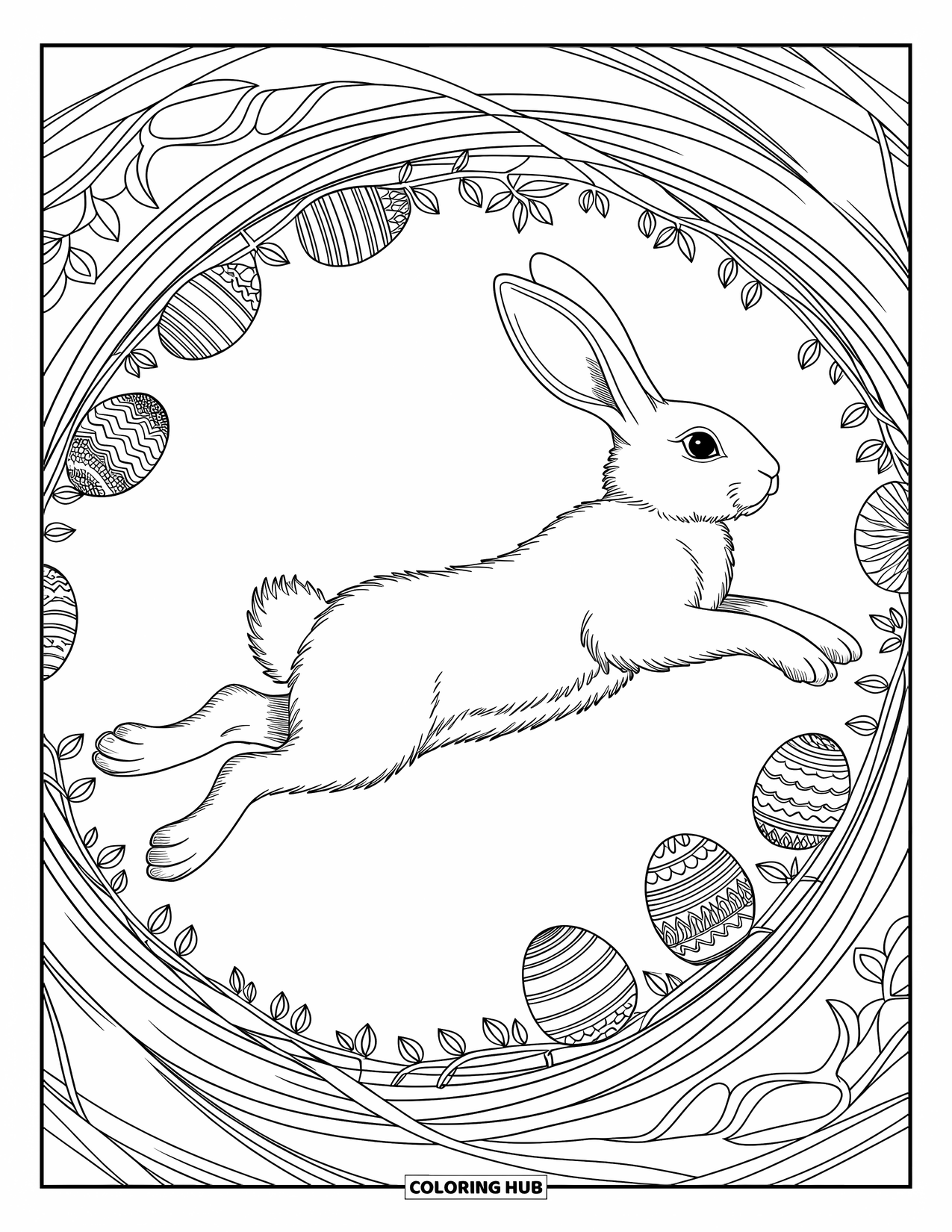 Kolorowanka wielkanocna dla dorosłych: Skaczący królik wśród wirujących pnączy i ozdobnych jajek wielkanocnych, tworzący pięknie szczegółową kompozycję
