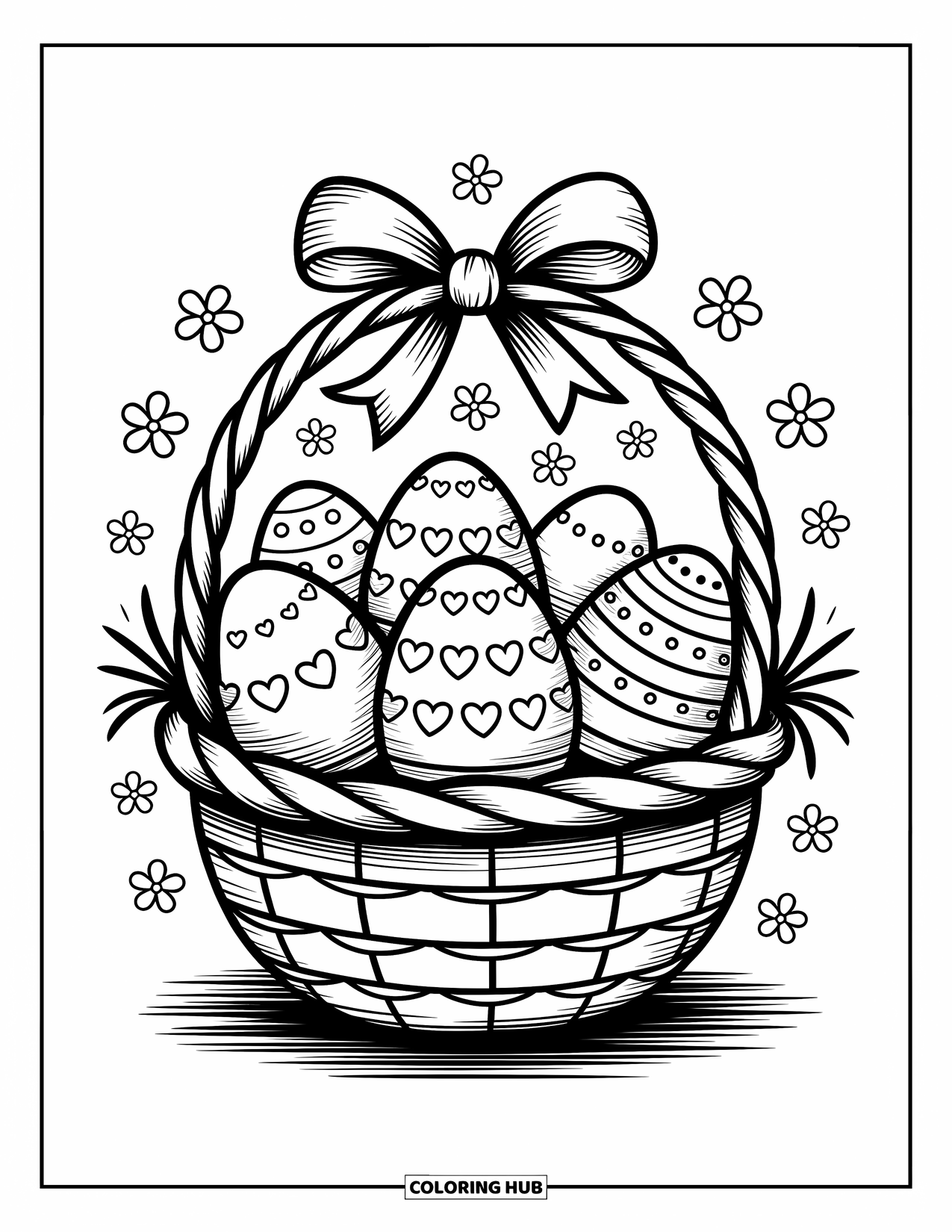 Kolorowanka wielkanocna dla dorosłych: Radosny koszyk wielkanocny wypełniony jajkami w stylu kawaii, otoczony unoszącymi się płatkami i delikatnymi detalami