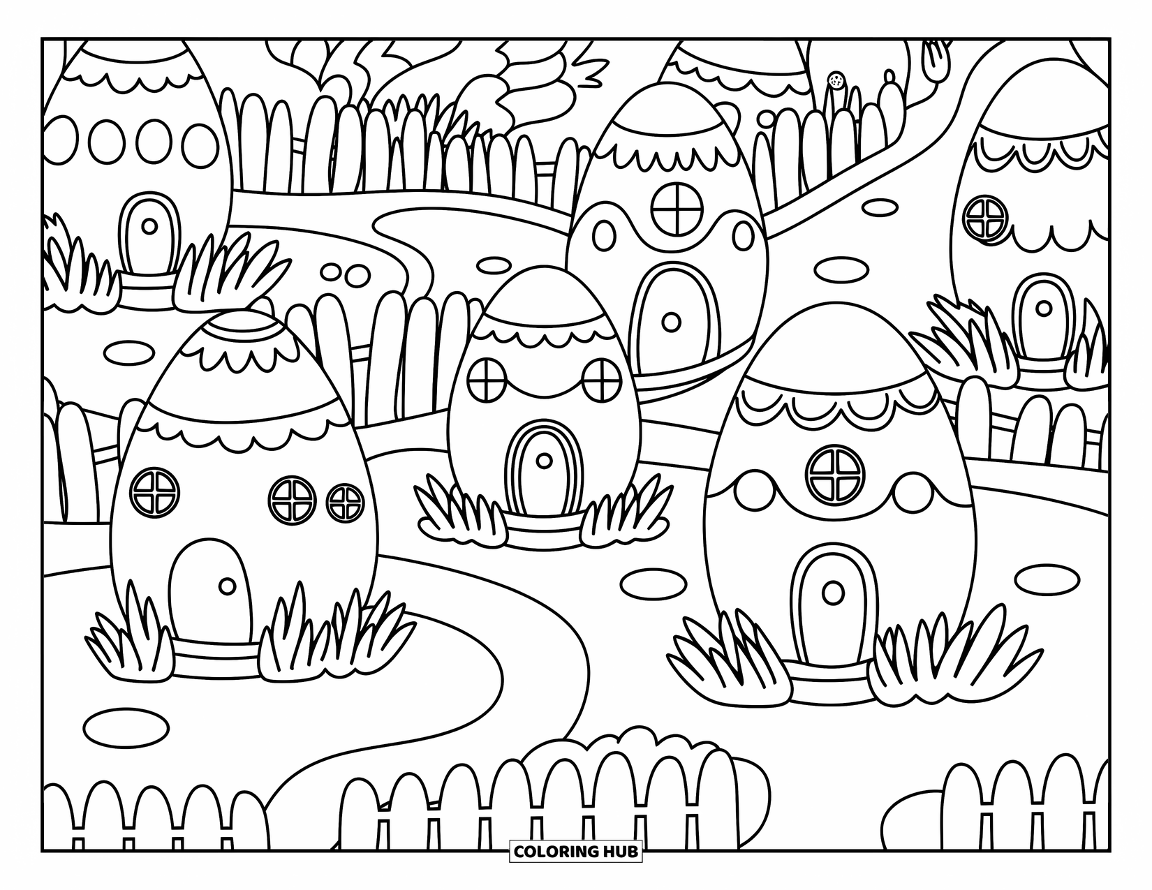 Kolorowanka wielkanocna dla dorosłych: Radosna wioska wielkanocna z domami w kształcie jajek, kominami z tulipanów i krętymi ścieżkami otoczonymi maleńkimi płotkami