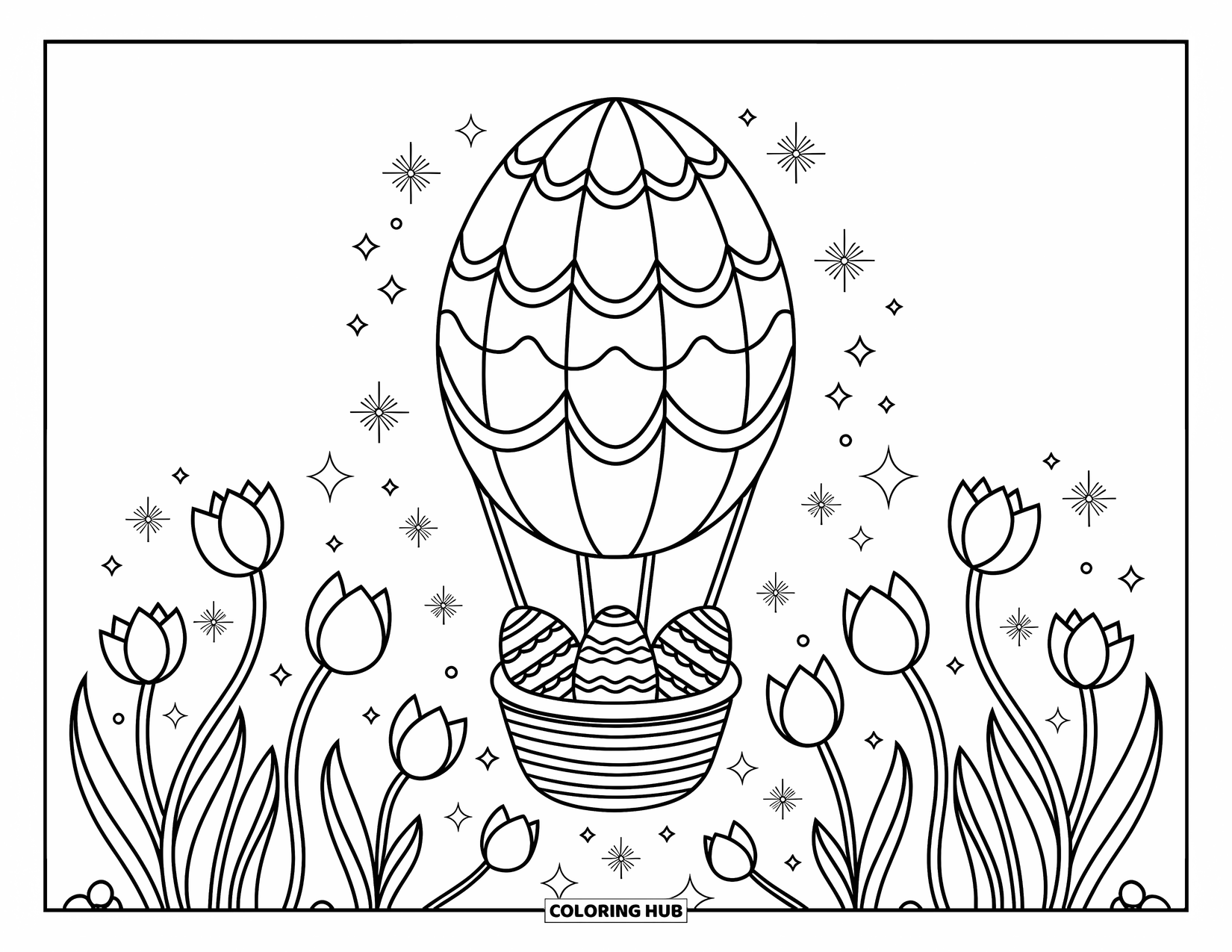 Kolorowanka wielkanocna dla dorosłych: Radosny balon na ogrzane powietrze w kształcie jajka wielkanocnego wznosi się nad ogrodem tulipanów i wirów