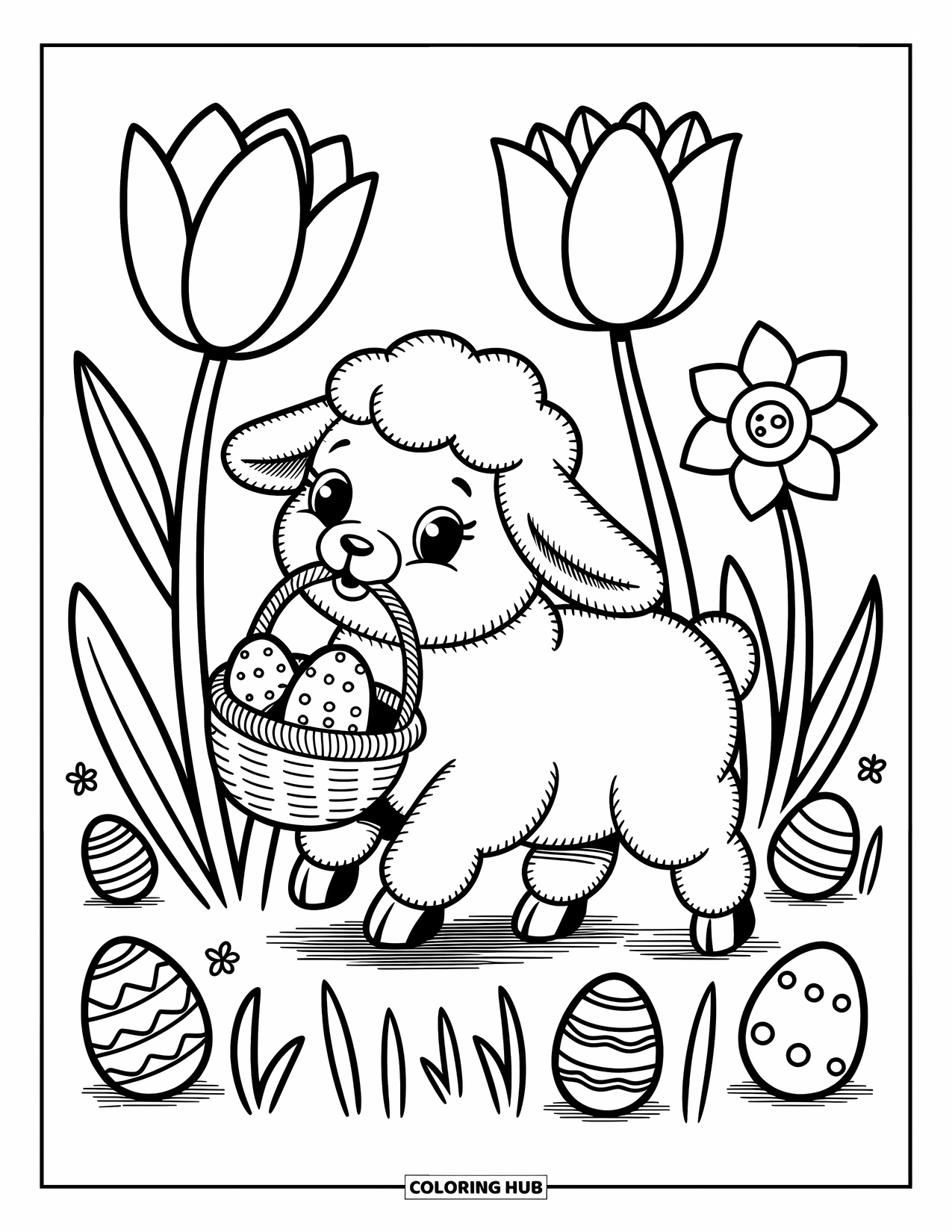 Kolorowanka wielkanocna dla dorosłych: Figlarny baranek skacze przez kwitnące pole, trzymając koszyk z maleńkimi, misternie zaprojektowanymi jajkami wielkanocnymi