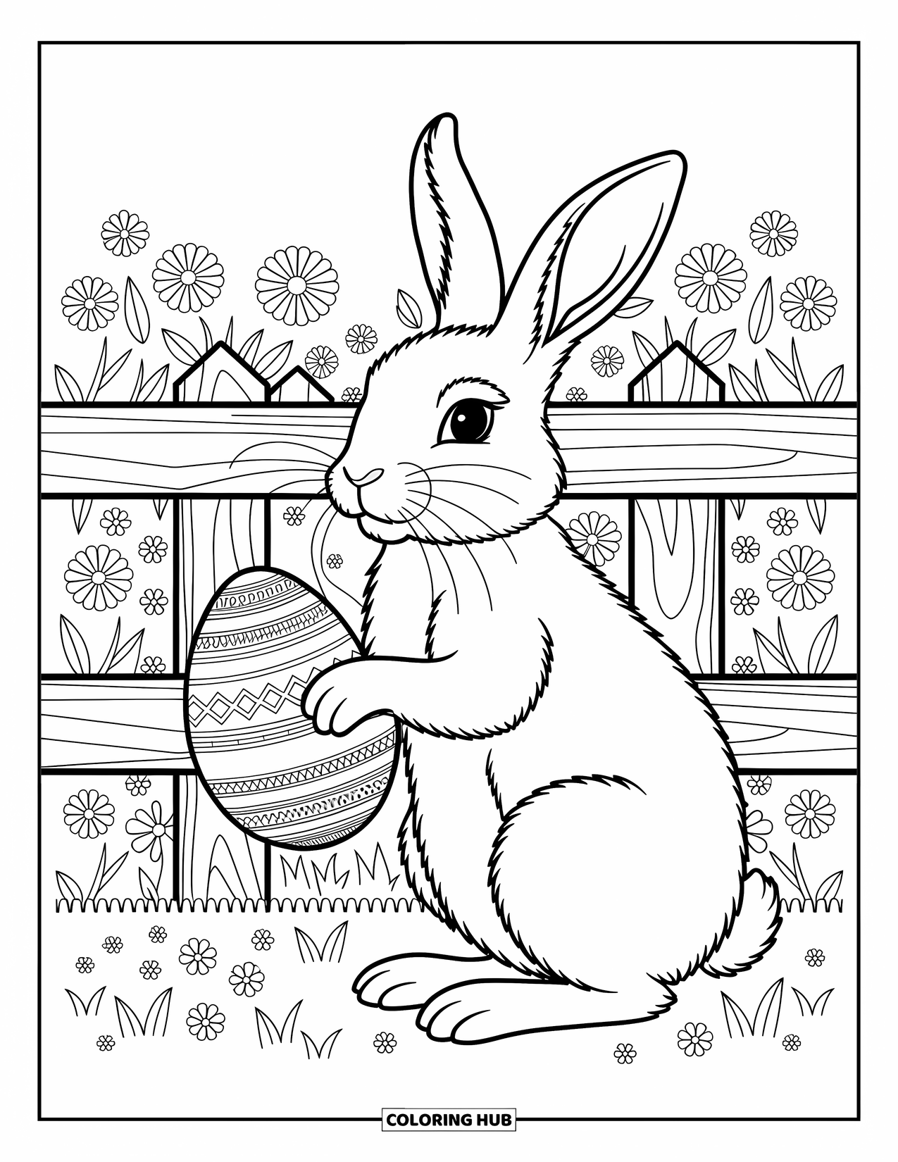 Kolorowanka wielkanocna dla dorosłych: Królik obok drewnianego płotu trzyma ozdobione jajko wielkanocne, otoczony kwitnącymi wiosennymi kwiatami