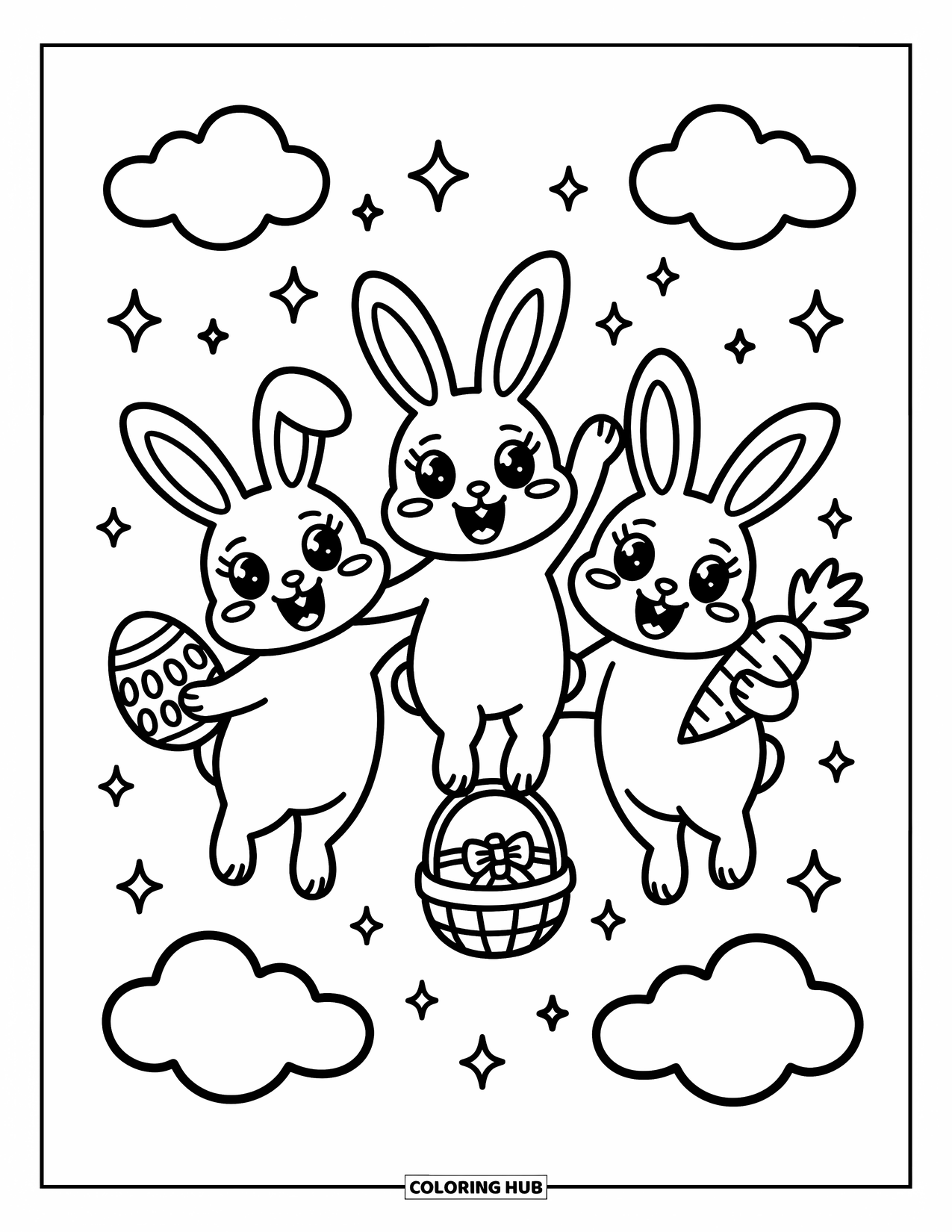 Kolorowanka wielkanocna dla dorosłych: Trio króliczków figlarnie skacze w kółko, niosąc wielkanocne smakołyki i otoczone maleńkimi gwiazdkami
