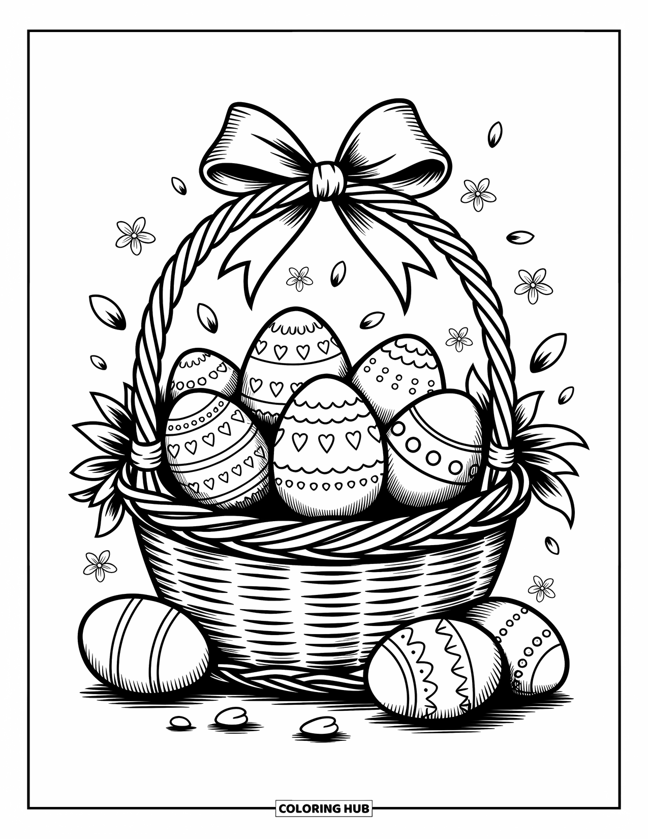 Kolorowanka wielkanocna dla dorosłych: Fantazyjny koszyk wielkanocny z płynącą wstążką, wypełniony uroczymi jajkami ozdobionymi sercami i spiralami