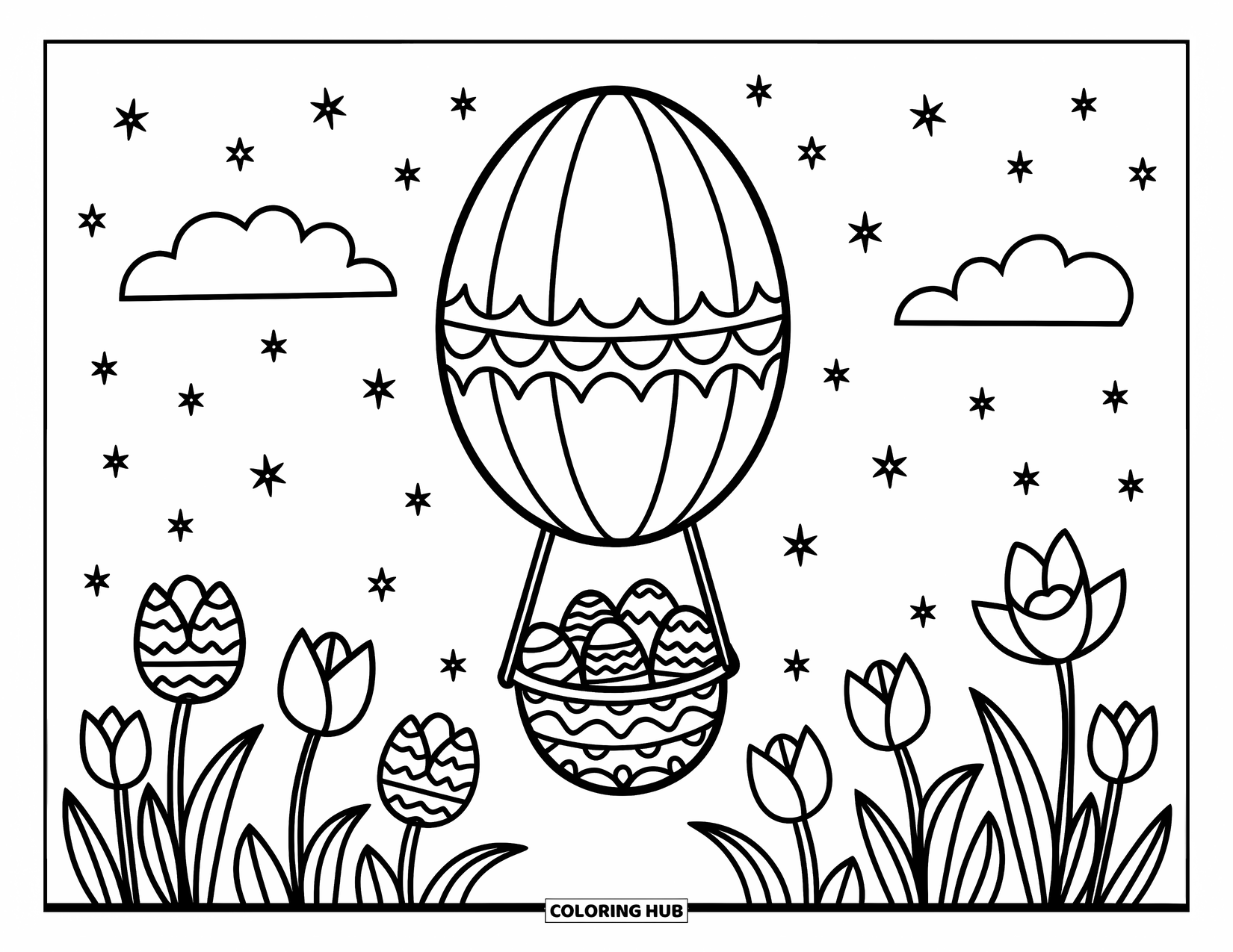 Kolorowanka wielkanocna dla dorosłych: Fantazyjny balon na ogrzane powietrze w kształcie jajka wielkanocnego unosi się nad ogrodem pełnym tulipanów, z jajkami kołyszącymi się poniżej
