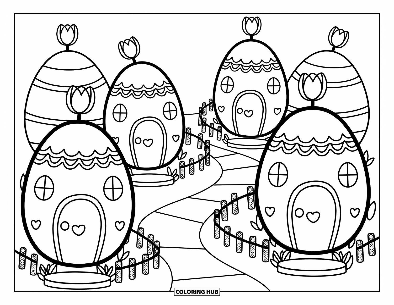 Kolorowanka wielkanocna dla dorosłych: Fantazyjna wioska wielkanocna z domami w kształcie jajek, maleńkimi drzwiami, kominami z tulipanów i uroczymi krętymi ścieżkami