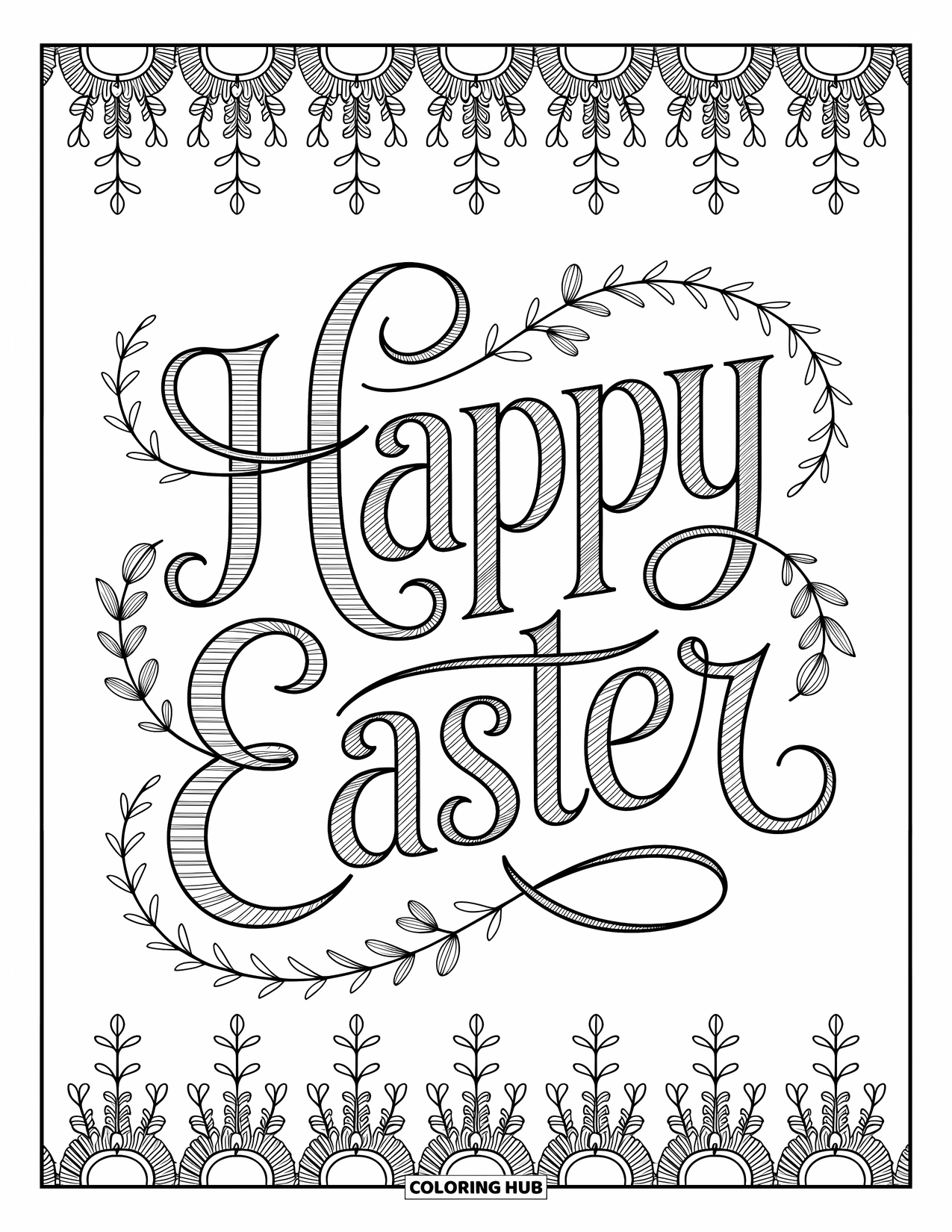 Kolorowanka wielkanocna dla dorosłych: Artystyczny napis "Wesołych Świąt Wielkanocnych" z kwiatowymi zdobieniami, otoczony skomplikowanymi wirującymi obramowaniami