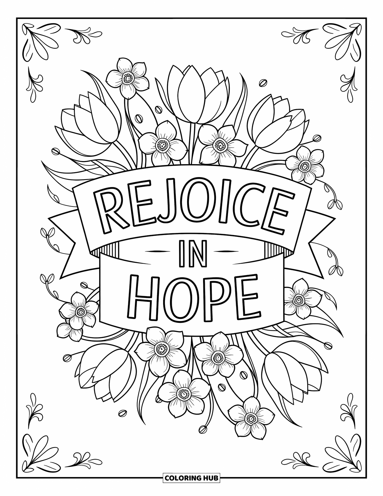 Kolorowanka wielkanocna dla dorosłych: Baner wielkanocny z napisem "Radujcie się nadzieją" otoczony szczegółowymi kwiatami i wirującymi ozdobnymi pnączami