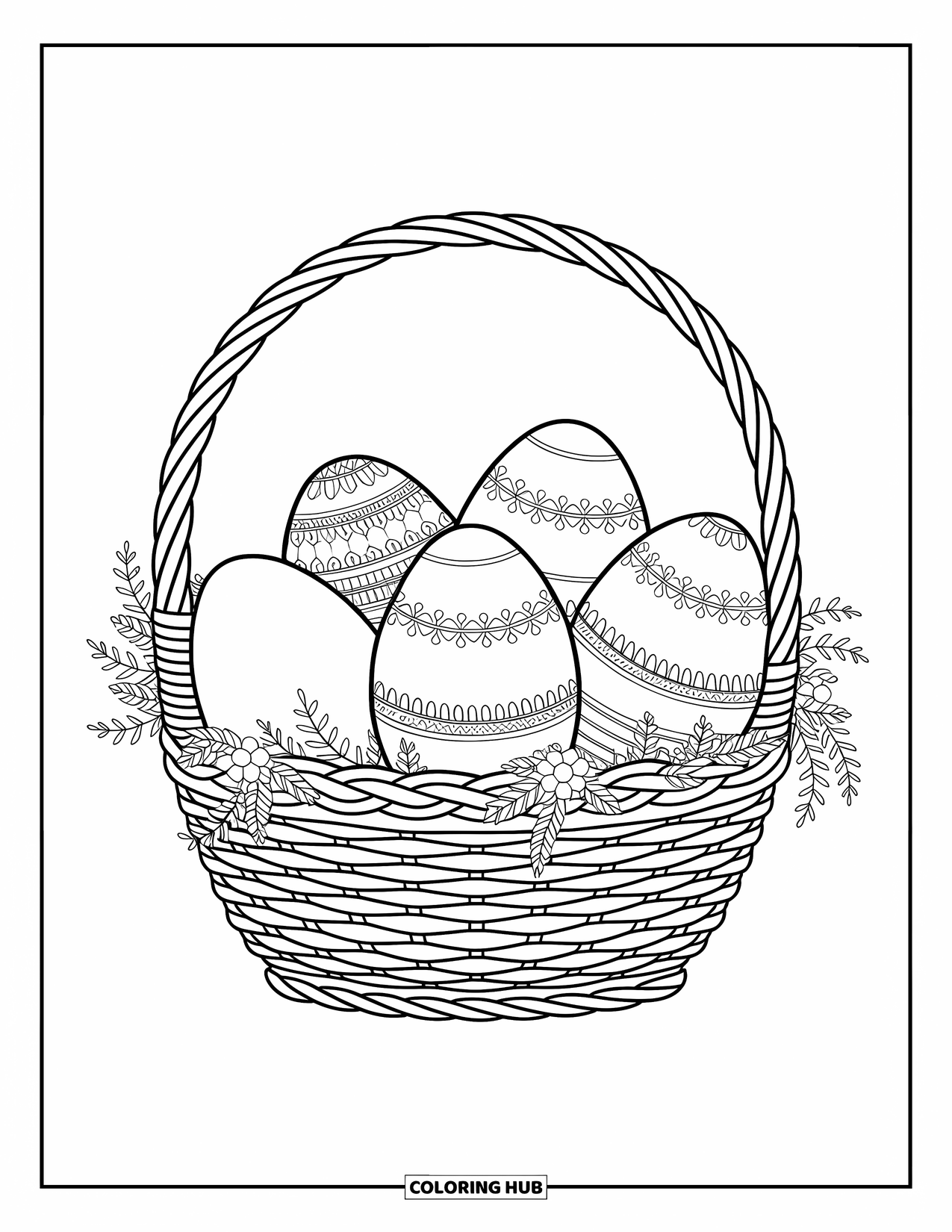 Kolorowanka wielkanocna dla dorosłych: Koszyk wielkanocny wypełniony misternie wzorzystymi jajkami, tkanymi teksturami i delikatnymi kwiatowymi zdobieniami