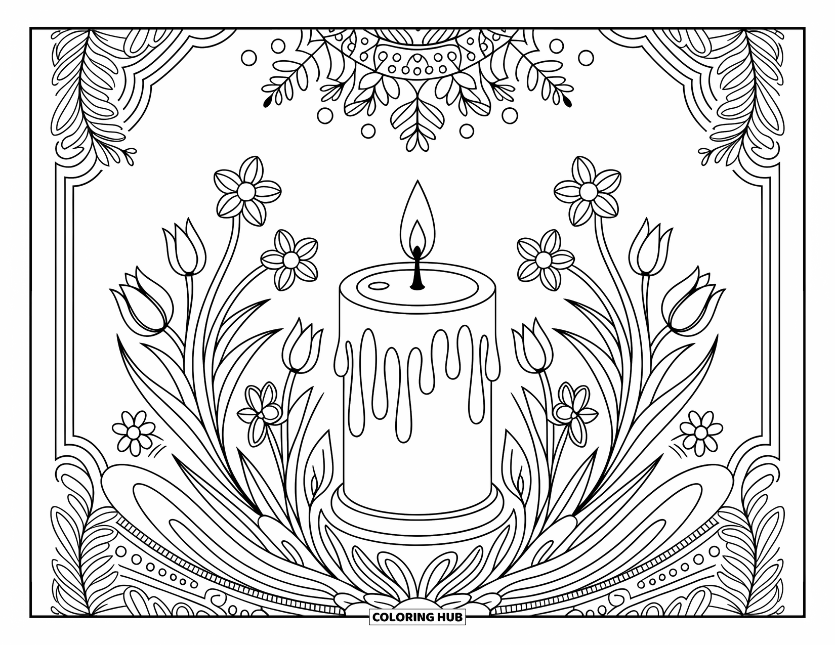 Kolorowanka Wielkanocna dla dorosłych: Świeca wielkanocna z kapiącym stopionym woskiem, otoczona tulipanami, żonkilami i splatającymi się pnączami