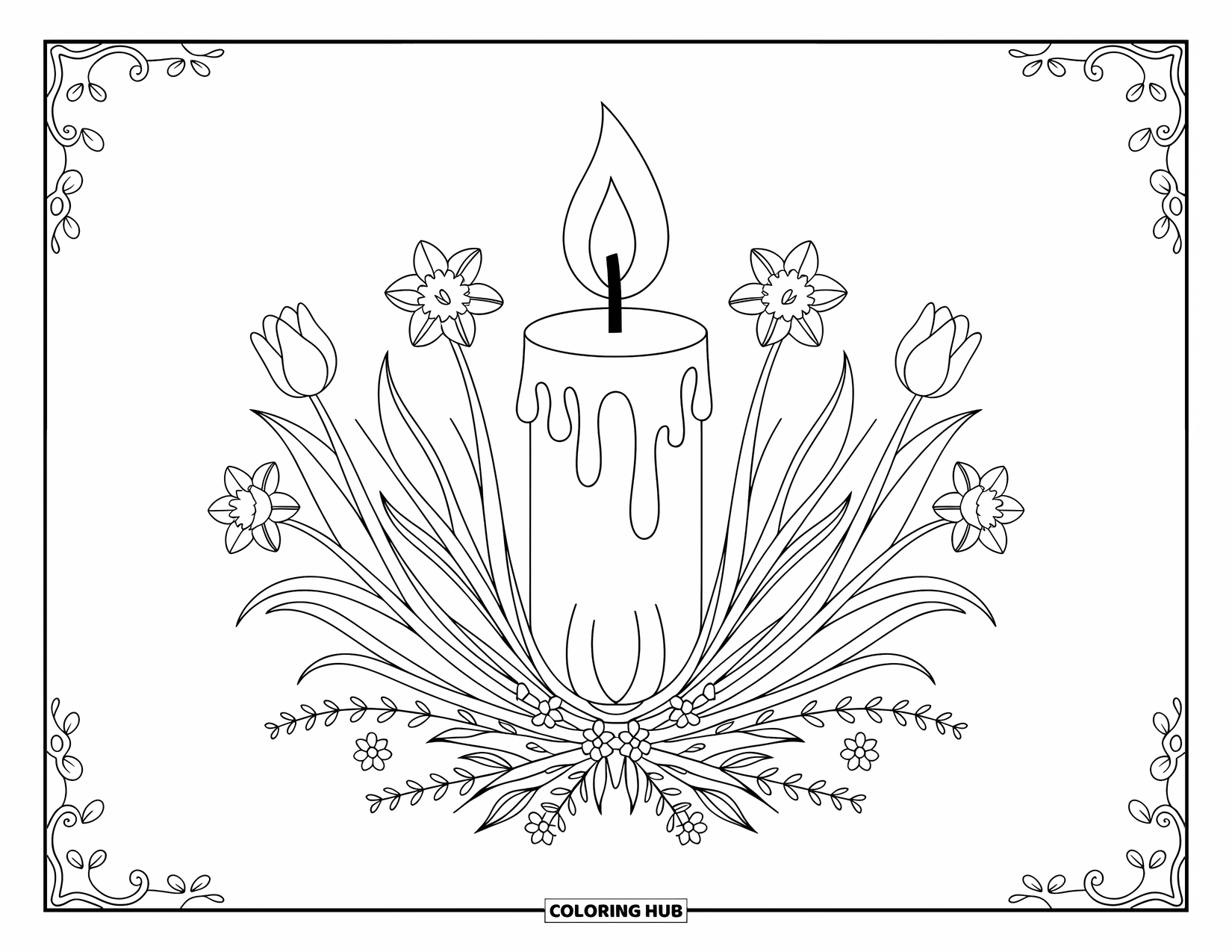 Kolorowanka Wielkanocna dla dorosłych: Świeca wielkanocna z topniejącym woskiem, otoczona szczegółowymi kwiatami i pnączami w skomplikowanym wzorze