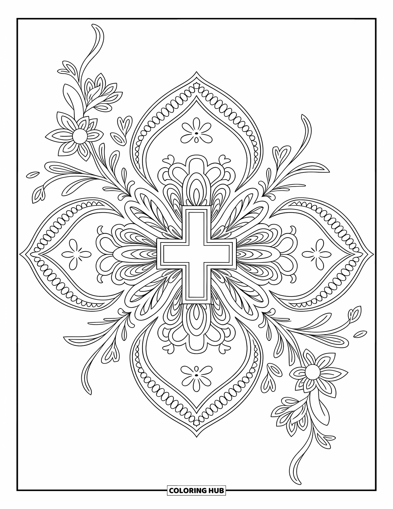 Kolorowanka wielkanocna dla dorosłych: Krzyż wielkanocny w skomplikowanej mandali, otoczony kwiatowymi wzorami i wyszukanymi elementami geometrycznymi