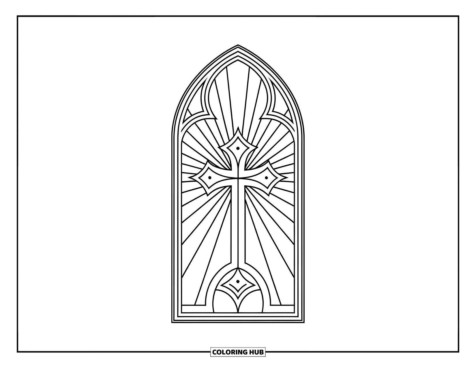 Kolorowanka Wielkanocna dla dorosłych: Wielkanocny wschód słońca w ozdobnym oknie kościelnym, ze światłem prześwitującym przez centralny krzyż