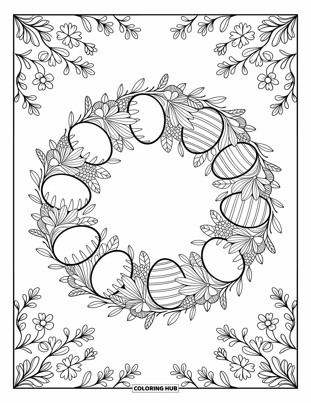 Kolorowanka Wielkanocna dla dorosłych: Wieniec wielkanocny upleciony z pnączy, szczegółowych jajek i kwitnących kwiatów w eleganckim okrągłym wzorze