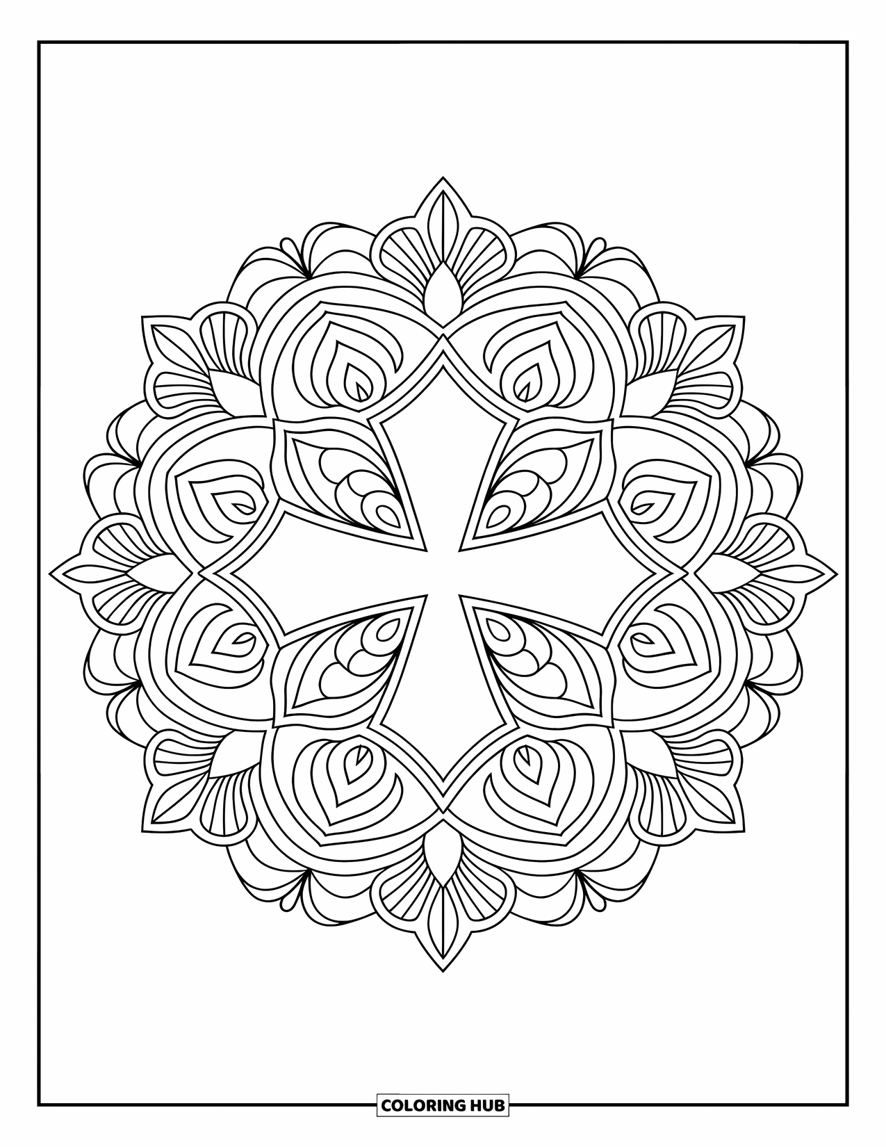 Kolorowanka Wielkanocna dla dorosłych: Rozbudowana mandala z krzyżem wielkanocnym w centrum, otoczona skomplikowanymi wzorami kwiatowymi i geometrycznymi