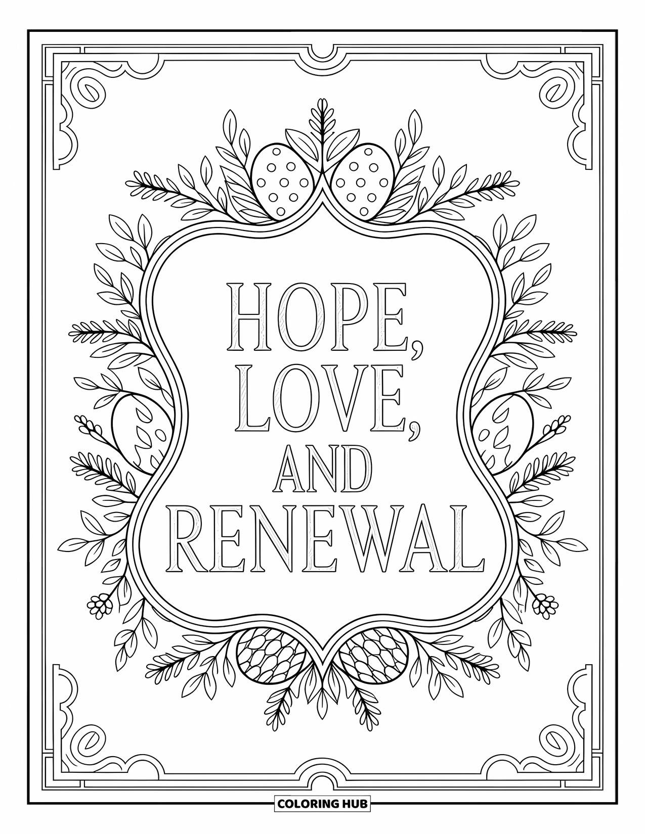 Kolorowanka Wielkanocna dla dorosłych: Elegancka ramka z napisem "Nadzieja, Miłość i Odnowa", otoczona wzorami kwiatowymi i detalami o tematyce wielkanocnej