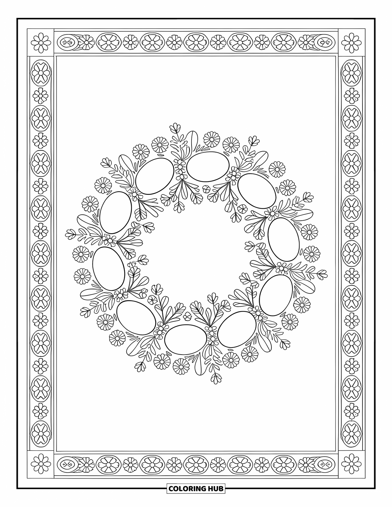 Kolorowanka Wielkanocna dla dorosłych: Misternie wykonany wieniec wielkanocny ozdobiony kwitnącymi kwiatami, wijącymi się pnączami i wzorzystymi jajkami