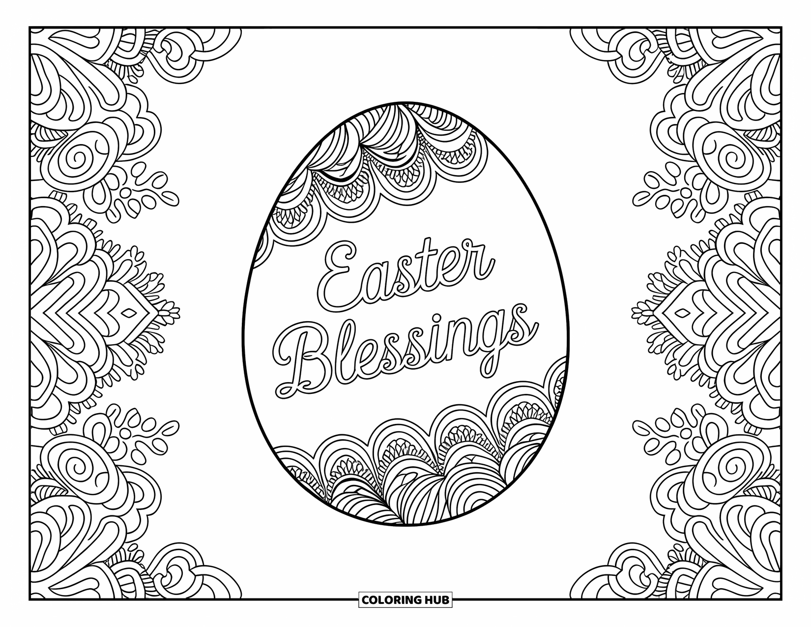 Kolorowanka wielkanocna dla dorosłych: Misternie zaprojektowane jajko z napisem "Błogosławieństwa Wielkanocne", otoczone kwiatowymi i geometrycznymi wzorami
