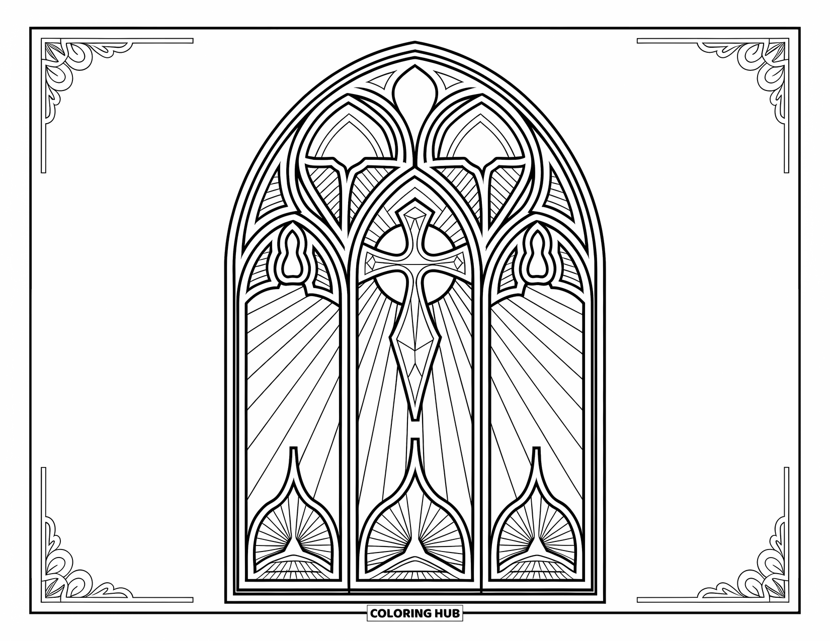 Kolorowanka wielkanocna dla dorosłych: Ozdobne okno kościelne przedstawiające wielkanocny wschód słońca, ze światłem prześwitującym przez centralny artystyczny krzyż