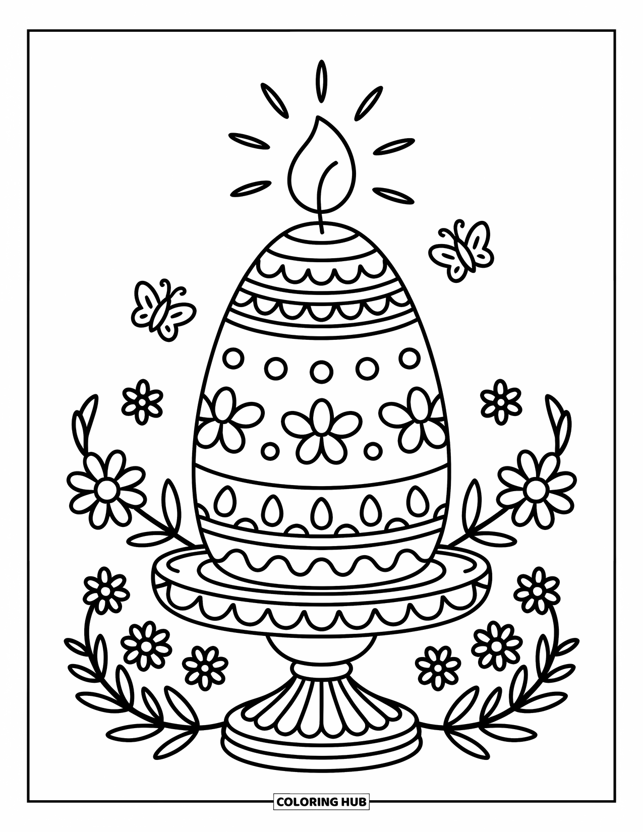 Kolorowanka wielkanocna dla dorosłych: Ozdobna świeca wielkanocna ozdobiona wzorami kawaii, otoczona delikatnymi kwiatami, wstążkami i miękkimi detalami