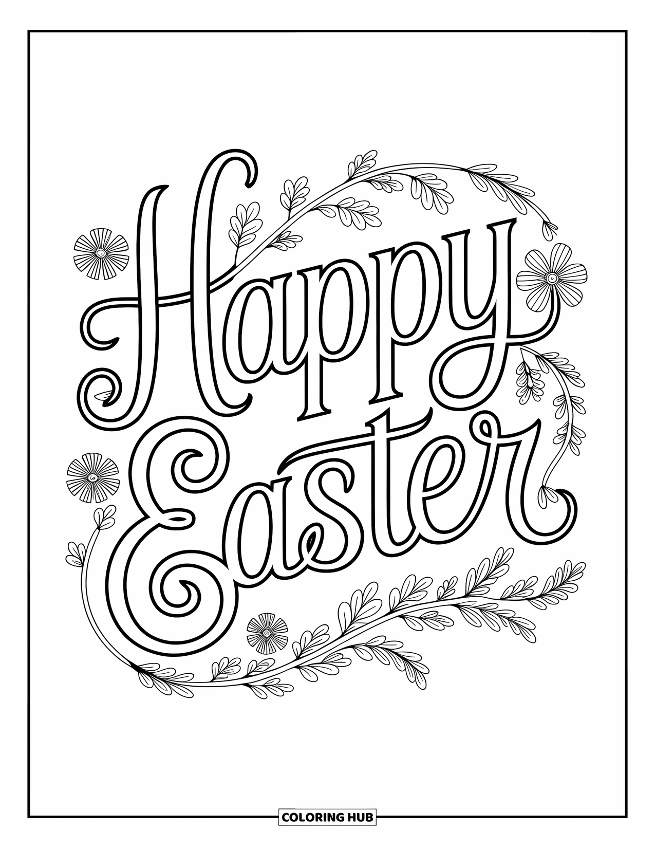 Kolorowanka Wielkanocna dla dorosłych: Ozdobny napis "Wesołych Świąt Wielkanocnych" z kwiatowymi i roślinnymi detalami wplecionymi w eleganckie liternictwo