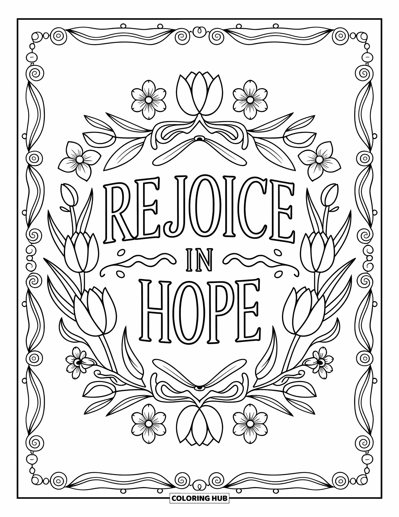 Kolorowanka Wielkanocna dla dorosłych: "Radujcie się nadzieją" napisane na kwiatowym banerze wielkanocnym, wypełnione skomplikowanymi detalami i eleganckimi wzorami