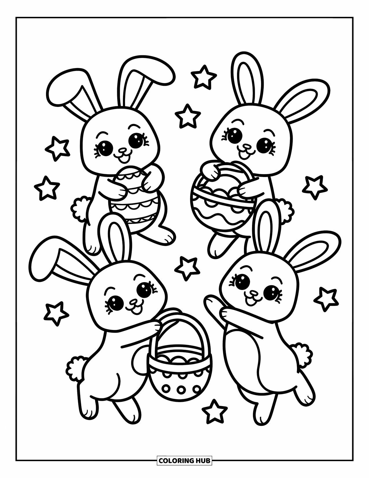 Kolorowanka wielkanocna dla dorosłych: Trzy figlarne króliczki skaczą w kółko, każdy niosąc jajko wielkanocne, koszyk lub marchewkę owiniętą wstążką