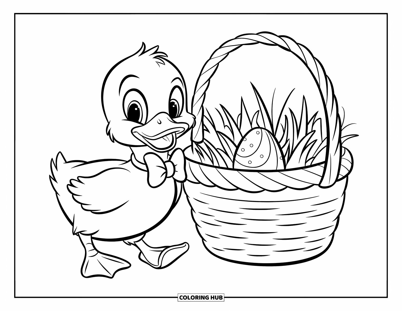 Kolorowanka wielkanocna dla dzieci: Mała kaczuszka w muszce człapie obok koszyka, wyglądając radośnie i zabawnie