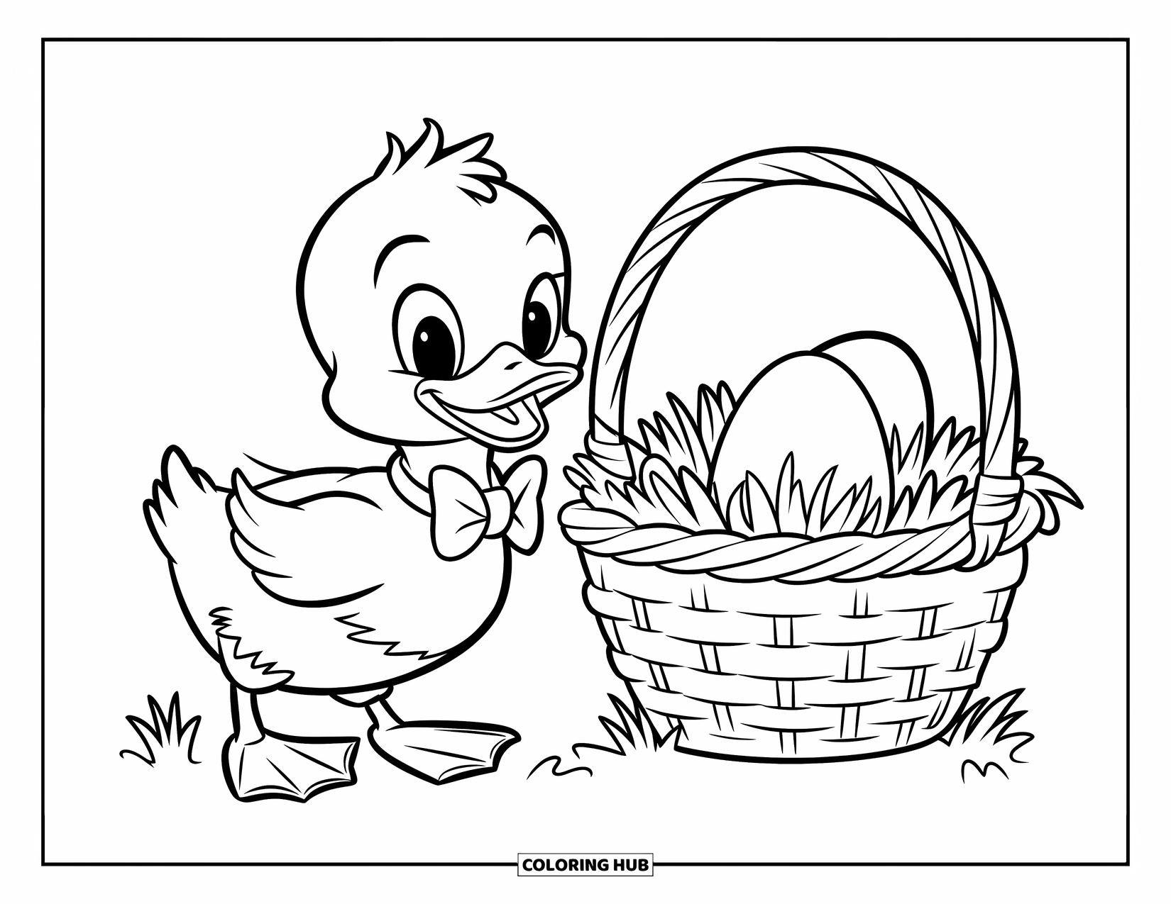 Kolorowanka Wielkanocna dla dzieci: Kaczątko w muszce człapie obok koszyka z trawą wielkanocną na trawiastym polu