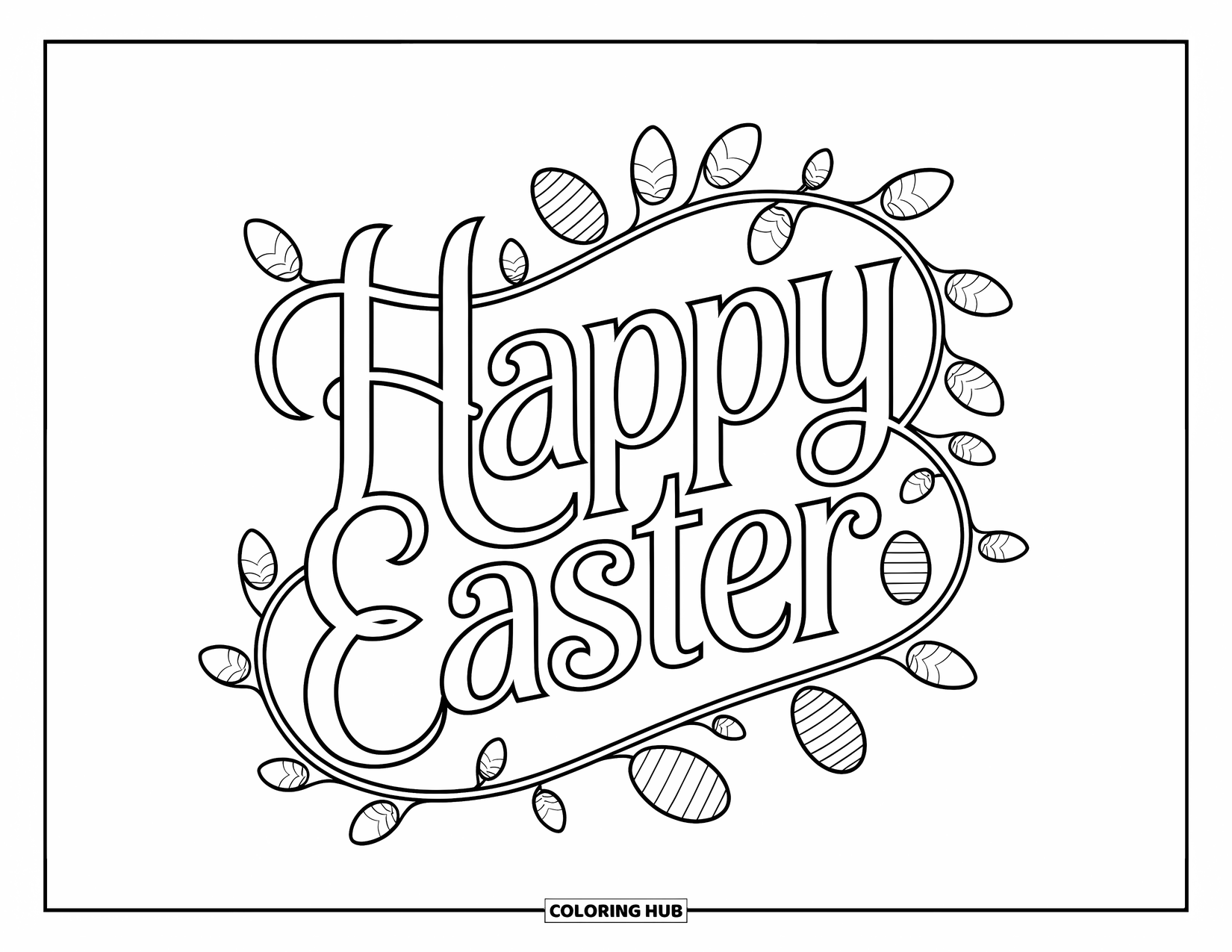 Kolorowanka Wielkanocna dla dzieci: Pięknie zaprojektowany tekst "Happy Easter", owinięty skomplikowanymi pnączami z małymi ukrytymi jajkami