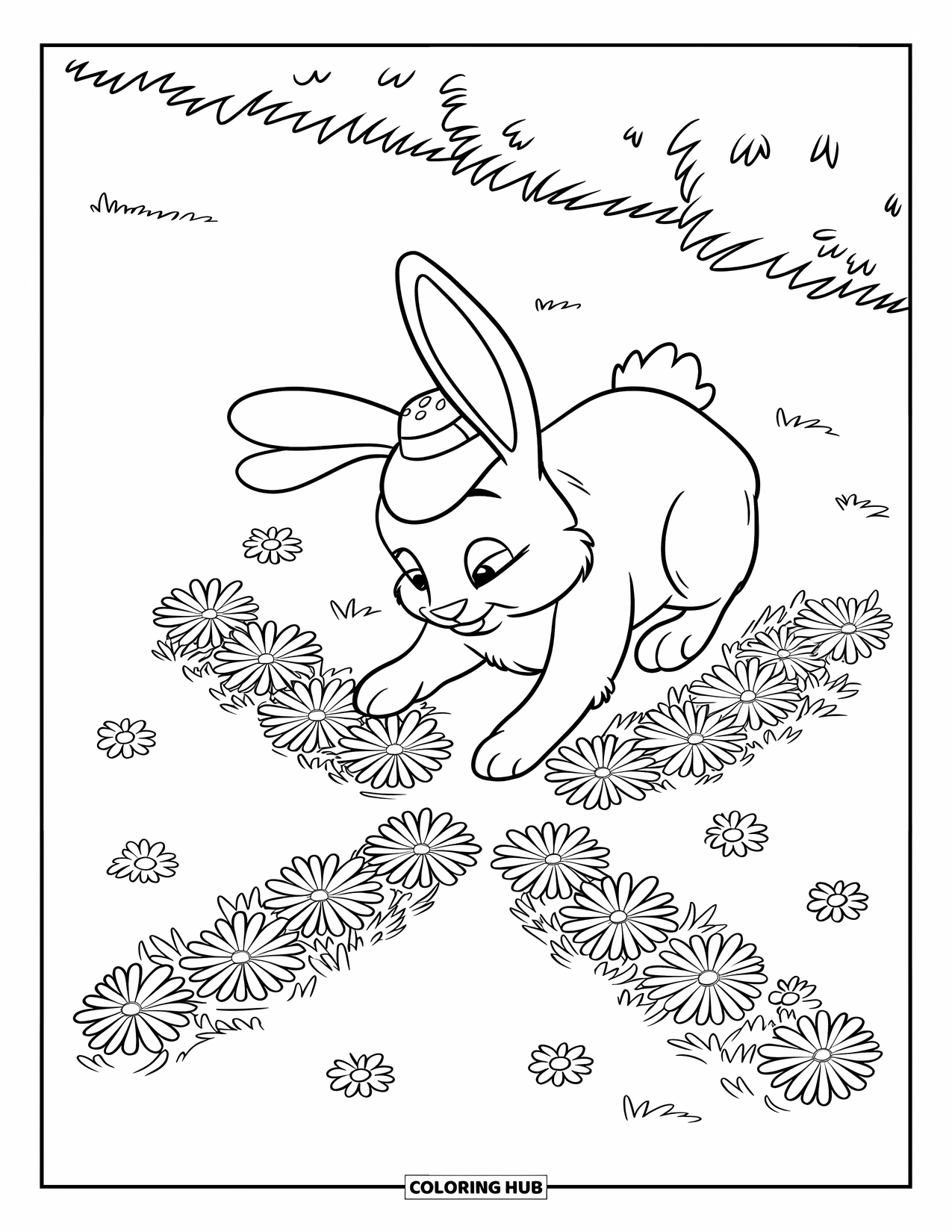 Kolorowanka wielkanocna dla dzieci: Króliczek starannie układa kwiaty w kształt krzyża na ziemi w spokojnym polu