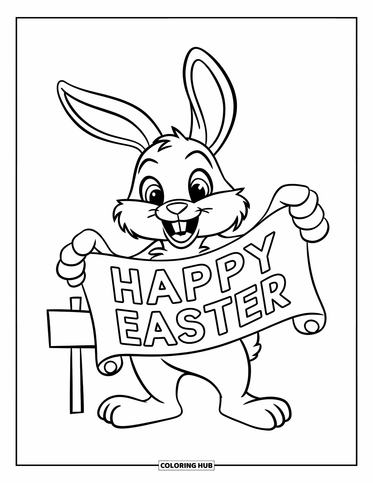 Kolorowanka wielkanocna dla dzieci: Króliczek trzymający zwój z napisem "Wesołych Świąt Wielkanocnych" stoi obok małego drewnianego znaku