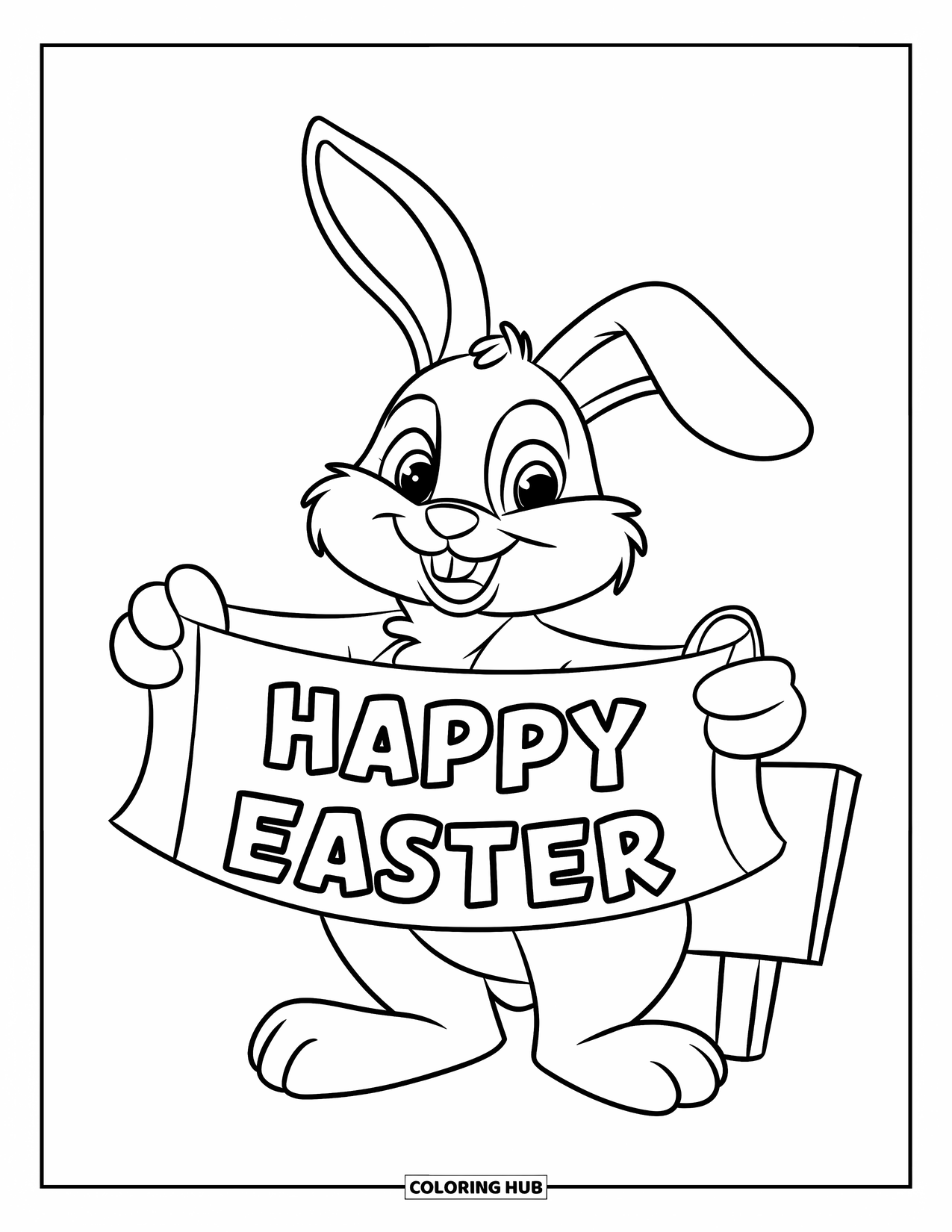 Kolorowanka Wielkanocna dla dzieci: Królik ze zwojem "Happy Easter" stoi obok drewnianego znaku, obrysowany grubymi liniami