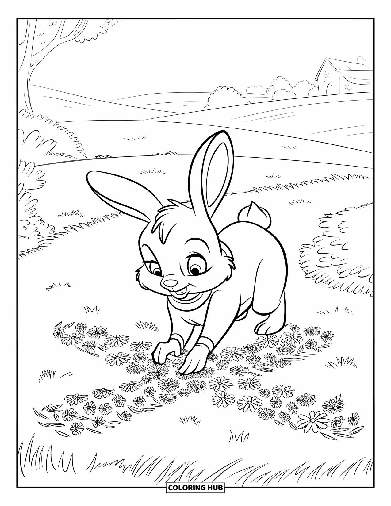 Kolorowanka Wielkanocna dla dzieci: Króliczek z dużymi, wyrazistymi oczami układa kwiaty w kształt krzyża w krajobrazie z pagórkami
