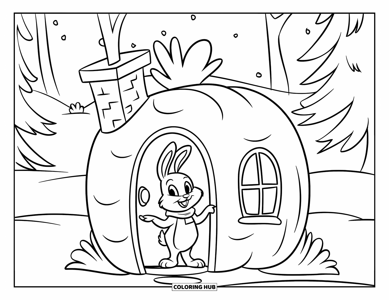 Kolorowanka Wielkanocna dla dzieci: Dom w kształcie marchewki z kominem stoi w śniegu, z króliczkiem przy drzwiach