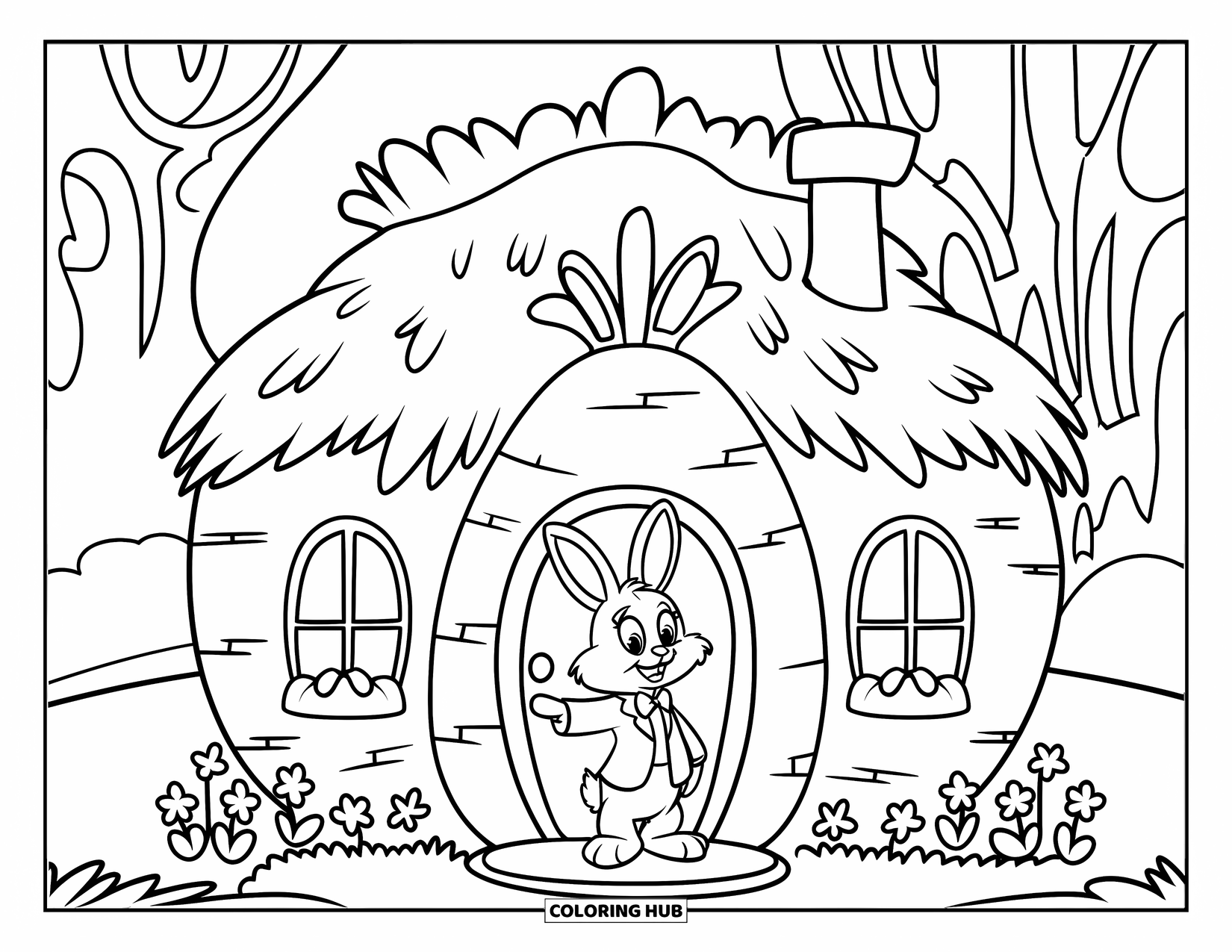 Kolorowanka Wielkanocna dla dzieci: Dom w kształcie marchewki ze strzechą ma króliczka w kurtce stojącego na zewnątrz