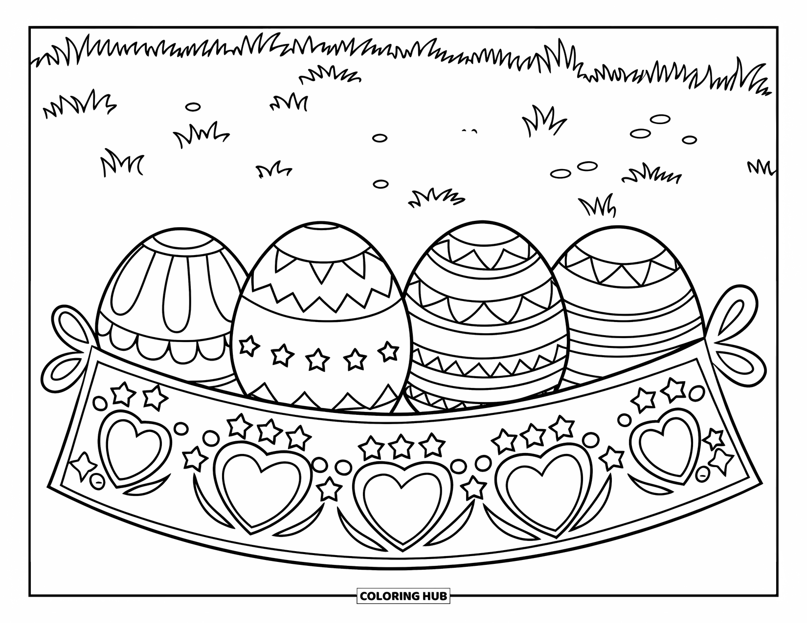 Kolorowanka Wielkanocna dla dzieci: Uroczy baner "Happy Easter" z wzorzystymi jajkami, kwiatowymi detalami i trawiastym tłem