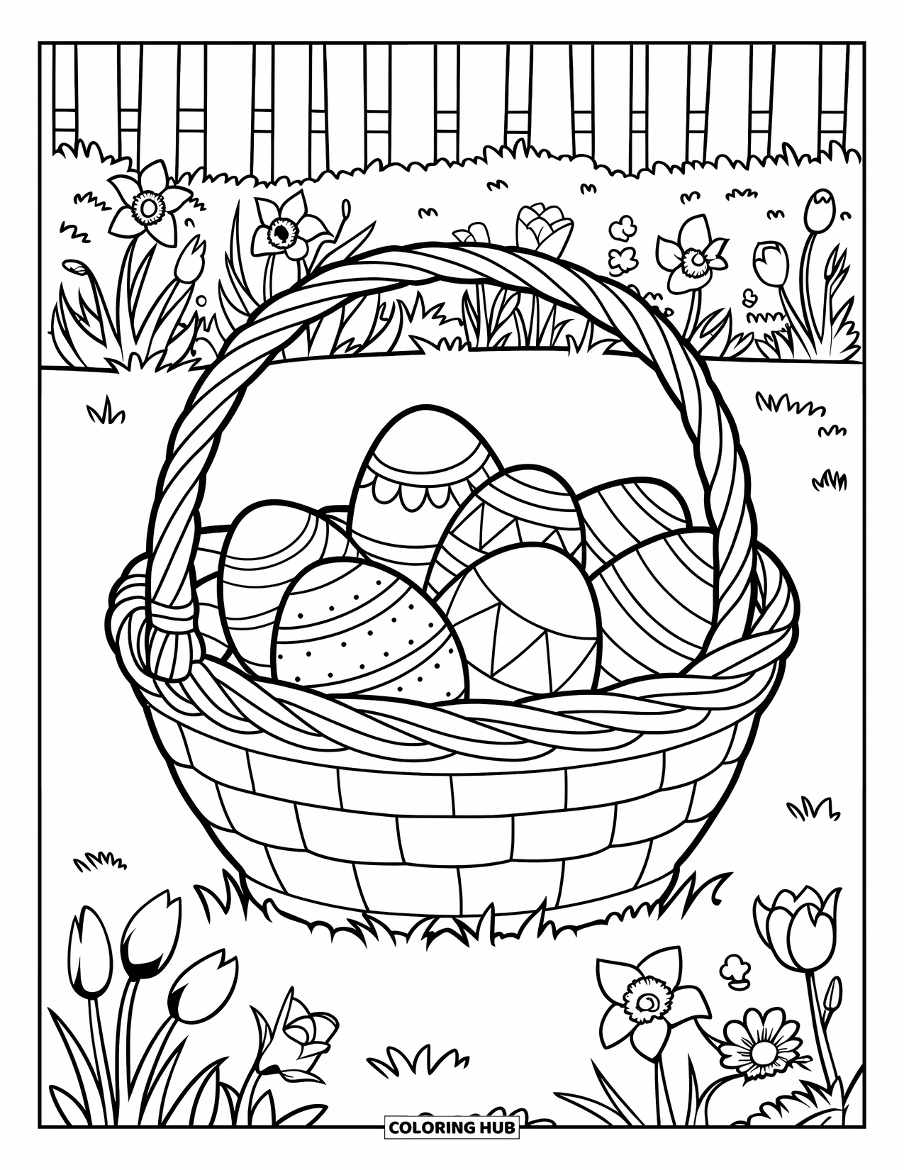 Kolorowanka Wielkanocna dla dzieci: Koszyk wielkanocny w kratkę wypełniony jajkami leży wśród kwitnących żonkili, tulipanów i róż